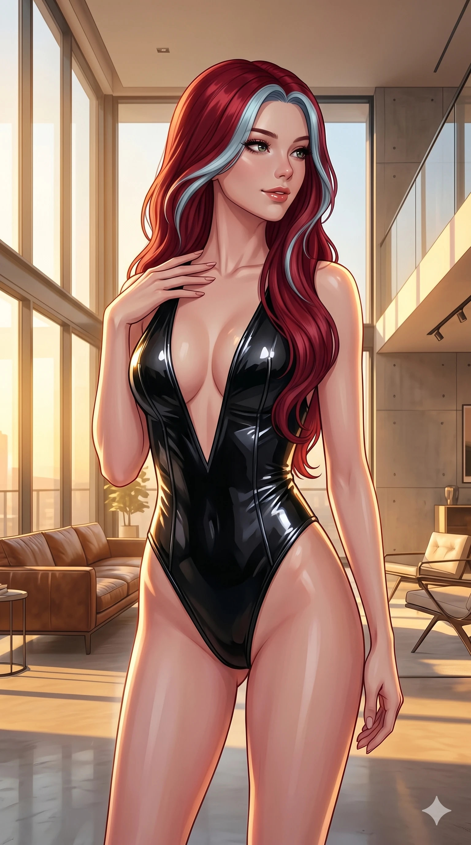 score_9, masterpiece, best quality, ultra-detailed, high-budget anime keyframe, editorial fashion photography, tasteful artistic composition, Caucasian woman, strictly human ears. cowboy shot from the thighs up, character and outfit filling the frame for maximum editorial presence. looking over her shoulder with a magnetic, teasing half-smile, one hand gently tracing her collarbone inside an airy loft living room with floor-to-ceiling glass walls letting in warm golden hour light (Code-P112). She has an absolutely perfect 8-heads proportion, an exceptionally tall and slender female figure with impossibly long slender legs and an ultra-slim waist. V-shaped jawline, high-bridge nose, intricate jewel-like eyes with depth, thick eyelashes, glossy lips with a natural sheen. wearing a wet-look black vinyl bodysuit with an ultra-deep plunging V-neckline and high-cut lines. drenched in brilliant morning sunshine that traces her elegant clavicle lines and athletic build contours. 2k, ultra detail, master piece, 9:16 ratio