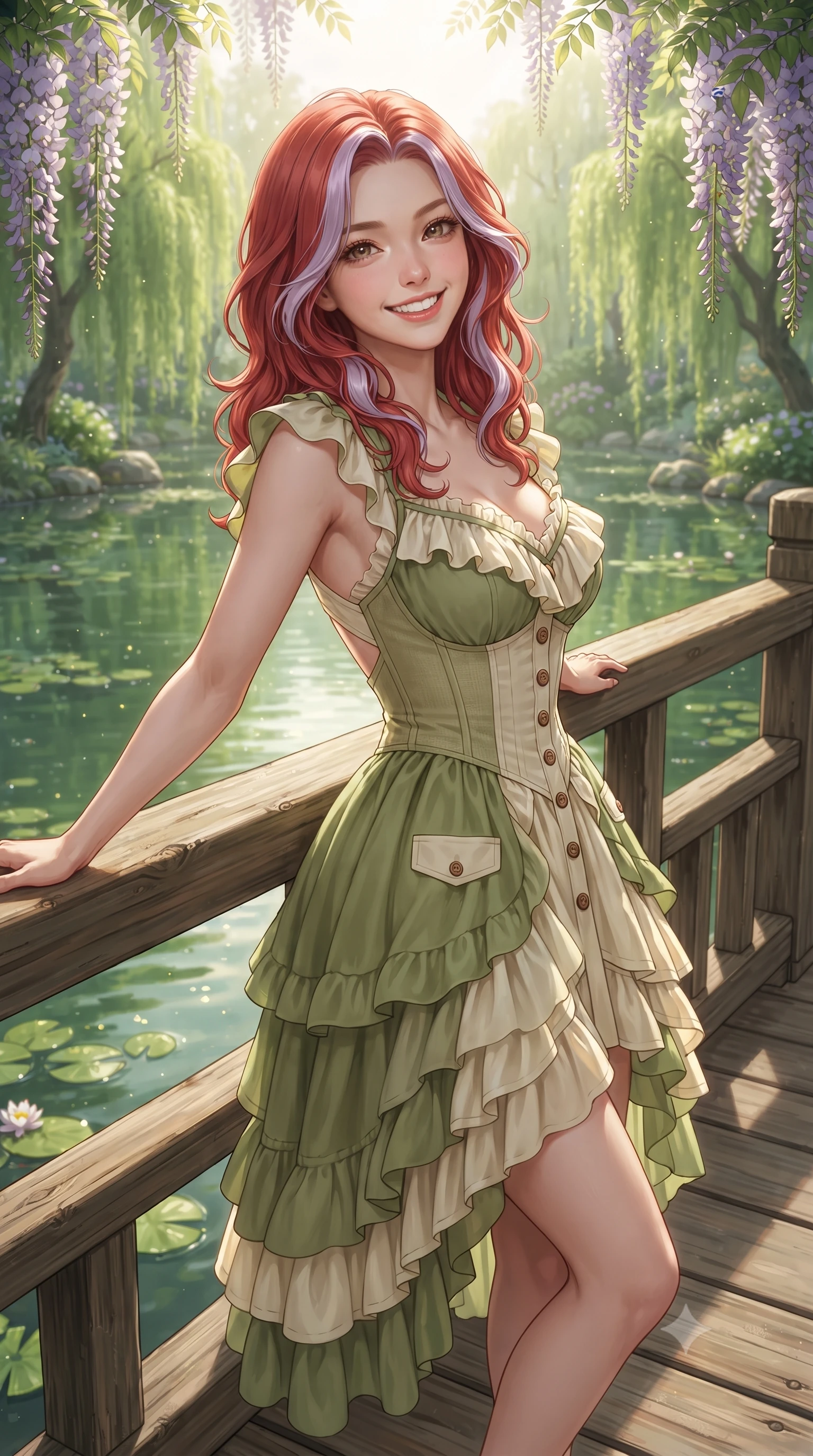 score_9, masterpiece, best quality, ultra-detailed, high-budget anime keyframe, editorial fashion photography, tasteful artistic composition, Caucasian woman. close-up cowboy shot from the waist and thighs up, the character dominates the composition, filling the frame with her large presence. leaning back against the sunlit railing with relaxed seductive grace, her flat midriff and narrow waist highlighted as she smiles brightly with bewitching eyes while standing poised on the wooden bridge deck, twisting her slender torso in an alluring S-curve as weeping willows dip gently into reflective green waters. The surrounding environment is rendered in vivid detail and crisp panoramic clarity. sharp carved wooden bridge plank textures, water lily pad caustics, and wisteria petal details in deep focus. She has an exceptionally elegant, slender, and willowy female figure with an ultra-slim waist, flat toned midriff, narrow ribcage, and sculpted feminine hips creating an alluring, slim hourglass silhouette without bulk. sharp v-shaped jawline, high-bridge nose, intricate jewel-like sparkling eyes with depth, thick eyelashes, glossy parted lips with a natural peach sheen, bright cheerful beaming smile with an enchanting and coquettish sensual glint, exuding both youthful cute charm and seductive allure, flawlessly proportioned anatomical accuracy, strict slender model proportions, natural body alignment, perfectly sculpted long slender limbs, ultra-slim waistline, clean dynamic posture without body distortion. wearing a tiered ruffled chiffon mini dress with a fitted corseted waist and open back in matcha green and warm ivory, crafted from soft cozy cashmere yarn with an airy drape, finished with neat front wooden buttons and delicate pocket details, the form-fitting cut adhering flawlessly to her sculpted flat midriff and slender torso, emphasizing her long leg lines and perfectly proportioned willowy build. bathed in soft, radiant morning French sunshine filtering through wisteria blossoms. ultra-reflective glossy finish, specular highlights, rich textural contrasts, high-contrast stereoscopic depth, volumetric dynamic lighting, 2k, ultra detail, master piece, 9:16 ratio