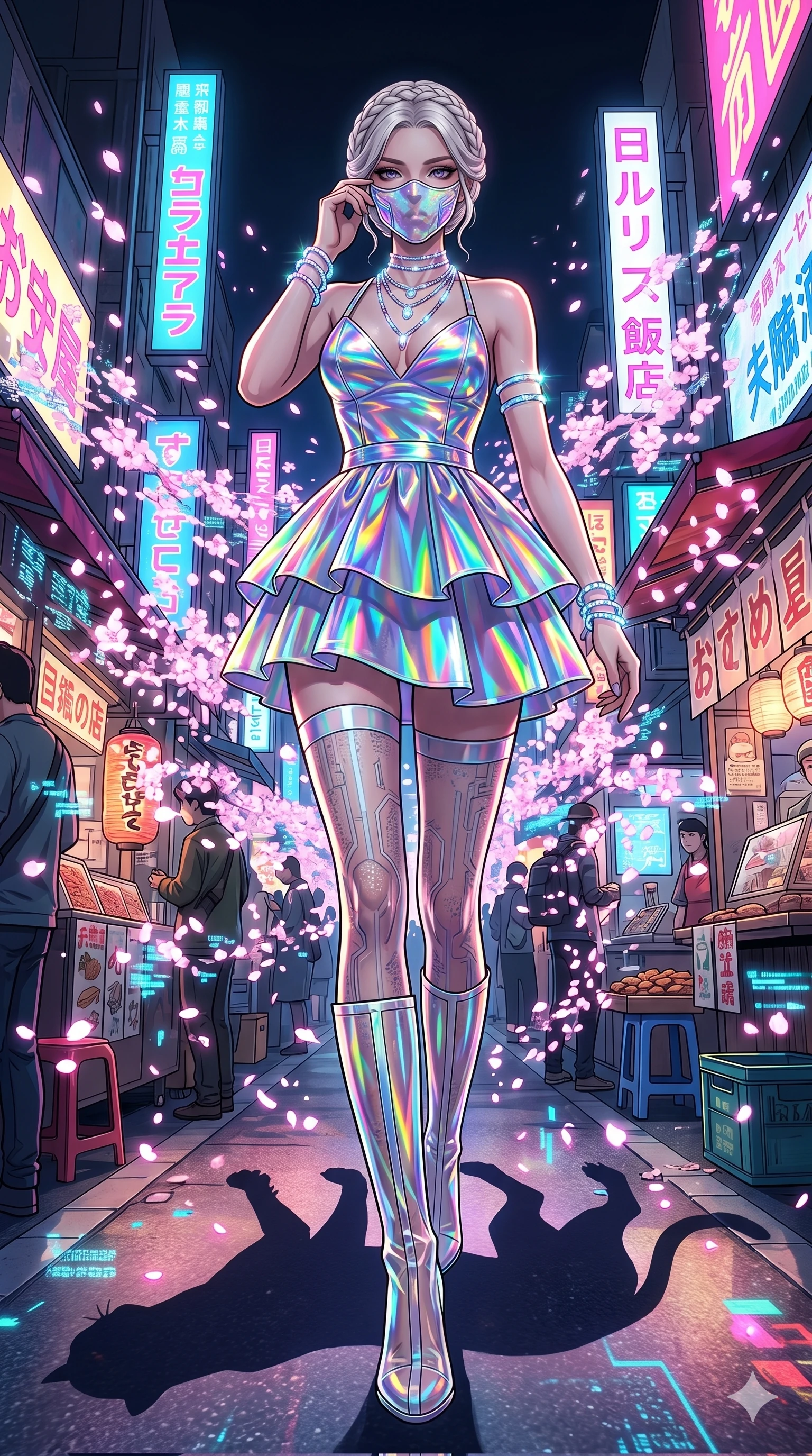 score_9, masterpiece, best quality, ultra-detailed, Set A: High-budget Anime Keyframe, Japanese woman. Low angle cowboy shot filling the entire 9:16 frame with her statuesque presence. Adjusting a mask through a futuristic night market, while her shadow mimics the movements of a predator 75 and surrounded by digital sakura petals. She has an absolutely perfect 8-heads proportion, an exceptionally tall and slender female figure with impossibly long slender legs and an ultra-slim waist. Sharp v-shaped jawline, high-bridge nose, intricate jewel-like eyes with depth, thick eyelashes, glossy lips with a natural sheen. Wearing Holographic vinyl mini-dress with transparent PVC boots and glowing jewelry. Cinematic lighting, vibrant colors, dramatic shadows, 2k, ultra detail, master piece, 9:16 ratio