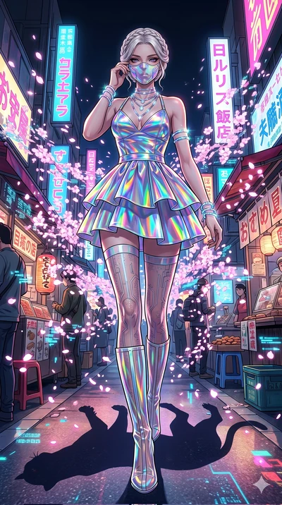 score_9, masterpiece, best quality, ultra-detailed, Set A: High-budget Anime Keyframe, Japanese woman. Low angle cowboy shot filling the entire 9:16 frame with her statuesque presence. Adjusting a mask through a futuristic night market, while her sha
