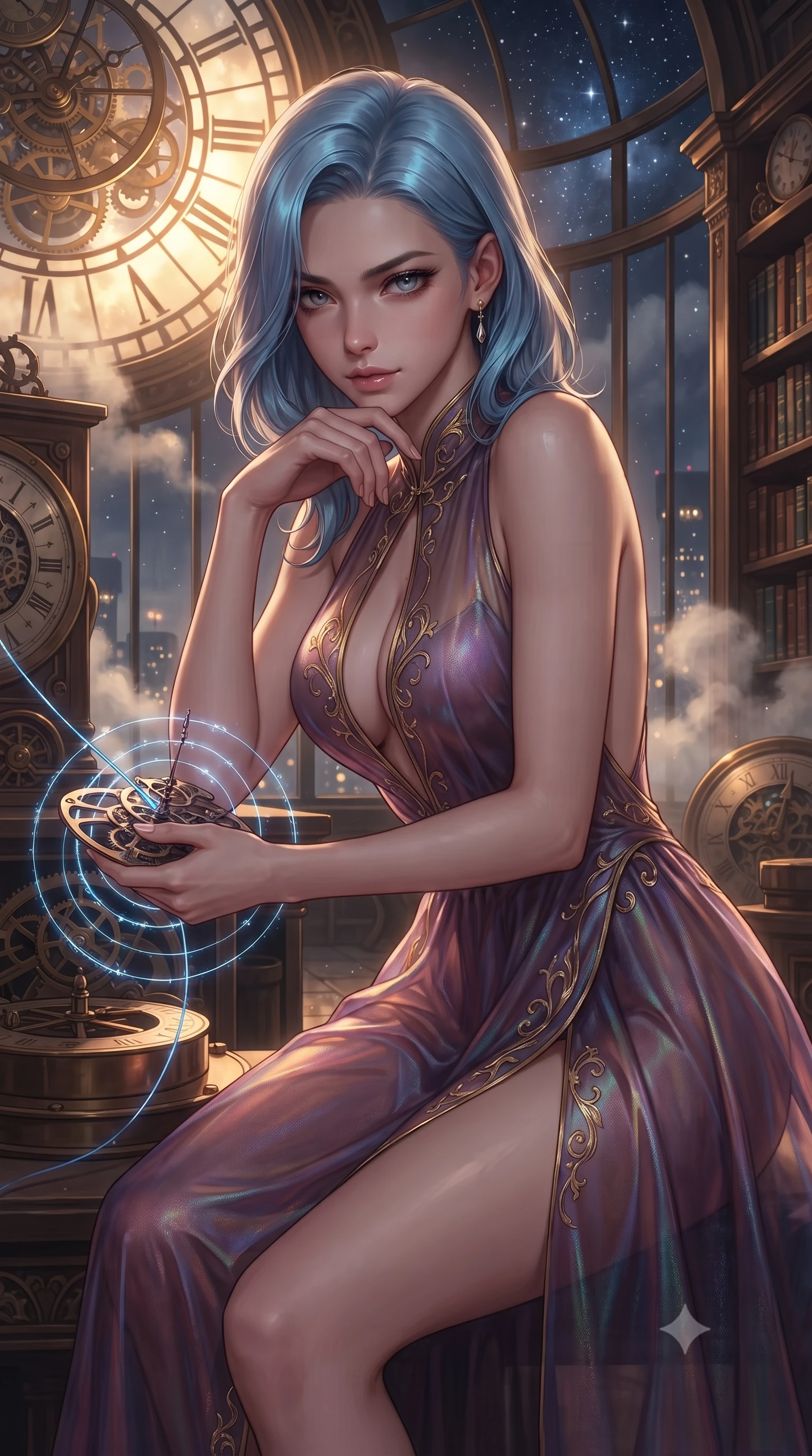score_9, masterpiece, best quality, ultra-detailed, high-budget anime keyframe, editorial fashion photography, tasteful artistic composition, Korean woman. close-up cowboy shot from the waist and thighs up, the character dominates the composition, filling the frame with her large presence, background elements kept in soft focus. Resting her chin on the backs of her fingers, casting a sharp, mysterious gaze threading glowing clockwork spring wires inside a majestic archives hall, distant starlight and city lights twinkling through steam clouds. She has an exceptionally elegant, slender, and willowy female figure with an ultra-slim waist, a gracefully sculpted slender torso, and a refined silhouette. sharp v-shaped jawline, high-bridge nose, intricate jewel-like eyes with depth, thick eyelashes, glossy lips with a natural sheen. wearing a translucent iridescent chiffon gown with a plunging neckline and open back in plum purple and gold filigree, crafted from iridescent chiffon that shifts colors in the light, accented with a Tasteful chest slit framing her clavicle gracefully, the sleek second-skin texture accentuating her magnetic presence. illuminated by a brilliant golden hour glow filtering through clockwork dials. ultra-reflective glossy finish, specular highlights, metallic sheen, high-contrast stereoscopic depth, volumetric dynamic lighting, 2k, ultra detail, master piece, 9:16 ratio