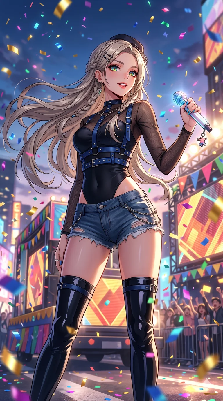 score_9, masterpiece, best quality, ultra-detailed, High-budget Anime Keyframe, beautiful Caucasian anime girl (strictly human ears). Dynamic full-body shot stretching the vertical silhouette with her statuesque presence. Standing in a rain of colorful confetti on a grand parade. She has an absolutely perfect 8-heads proportion, an exceptionally tall and slender female figure with impossibly long slender legs and an ultra-slim waist. Sharp v-shaped jawline, high-bridge nose, intricate jewel-like eyes with depth, thick eyelashes, glossy lips with a natural sheen. Wearing a K-Idol Stage outfit: midnight blue leather harness over mesh, high-cut bodysuit, studded micro-shorts, thigh-high patent boots. Background is a bright and colorful environment with cinematic lighting, dynamic particle effects, and high-contrast shadows. 2k, ultra detail, master piece, 9:16 ratio