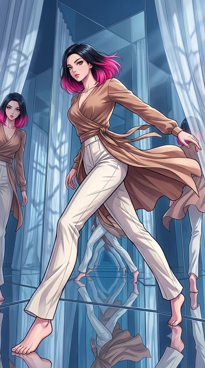 score_9, masterpiece, best quality, ultra-detailed, high-budget anime keyframe, clean line-art, cel-shading, Korean woman. low angle full-body shot from head to toe showing her feet, filling the entire 9:16 vertical frame with her statuesque presence