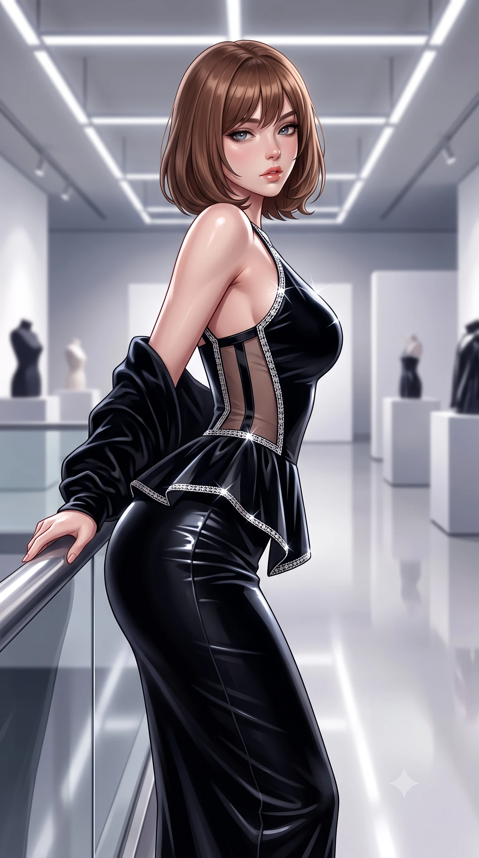 score_9, masterpiece, best quality, ultra-detailed, high-budget anime keyframe, semi-realistic 3D game render, editorial fashion photography, tasteful artistic composition, Caucasian woman. close-up cowboy shot from the waist and thighs up, the character dominates the composition, filling the frame with her large presence. leaning forward against the polished railing with her hips cocked back, creating an intoxicating curve from her narrow waist to sculpted hips as she gazes back into the lens while striding down the reflective gallery floor, her sleek aerodynamic outfit clinging to her narrow waist and long slender legs. The composition keeps background elements in soft focus with creamy bokeh. minimalist fashion pedestals and linear ceiling lighting grids softened in ultra-chic editorial shallow focus. She has an exceptionally elegant, slender, and willowy female figure with an ultra-slim waist, flat toned midriff, narrow ribcage, and sculpted feminine hips creating an alluring, slim hourglass silhouette without bulk. sharp v-shaped jawline, high-bridge nose, intricate jewel-like eyes with depth, thick eyelashes, glossy parted lips with a natural sheen, intensely captivating and seductive bedroom-eyes expression, flawlessly proportioned anatomical accuracy, strict slender model proportions, natural body alignment, perfectly sculpted long slender limbs, ultra-slim waistline, clean dynamic posture without body distortion. wearing a structural geometric peplum gown with sheer side-ribbon cutouts and form-fitting skirt in pitch-black velvet with diamond crystal trim, tailored from second-skin aerodynamic stretch vinyl with specular wet sheen, complemented by a plush velvet shawl draped loosely over her elbows, the liquid-tight tailored fabric clinging flawlessly to her narrow waist and rounded feminine hips, emphasizing every millimeter of her sculpted slim hourglass curves without any bulky heaviness. illuminated by crisp crystal facet specular glints sharply defining her sculpted collarbones, ultra-slim waist, and curvy hips. highly saturated vibrant anime colors, detailed shading with soft gradients, rich glossy textures, high-contrast stereoscopic depth, volumetric dynamic lighting, master piece, 9:16 ratio