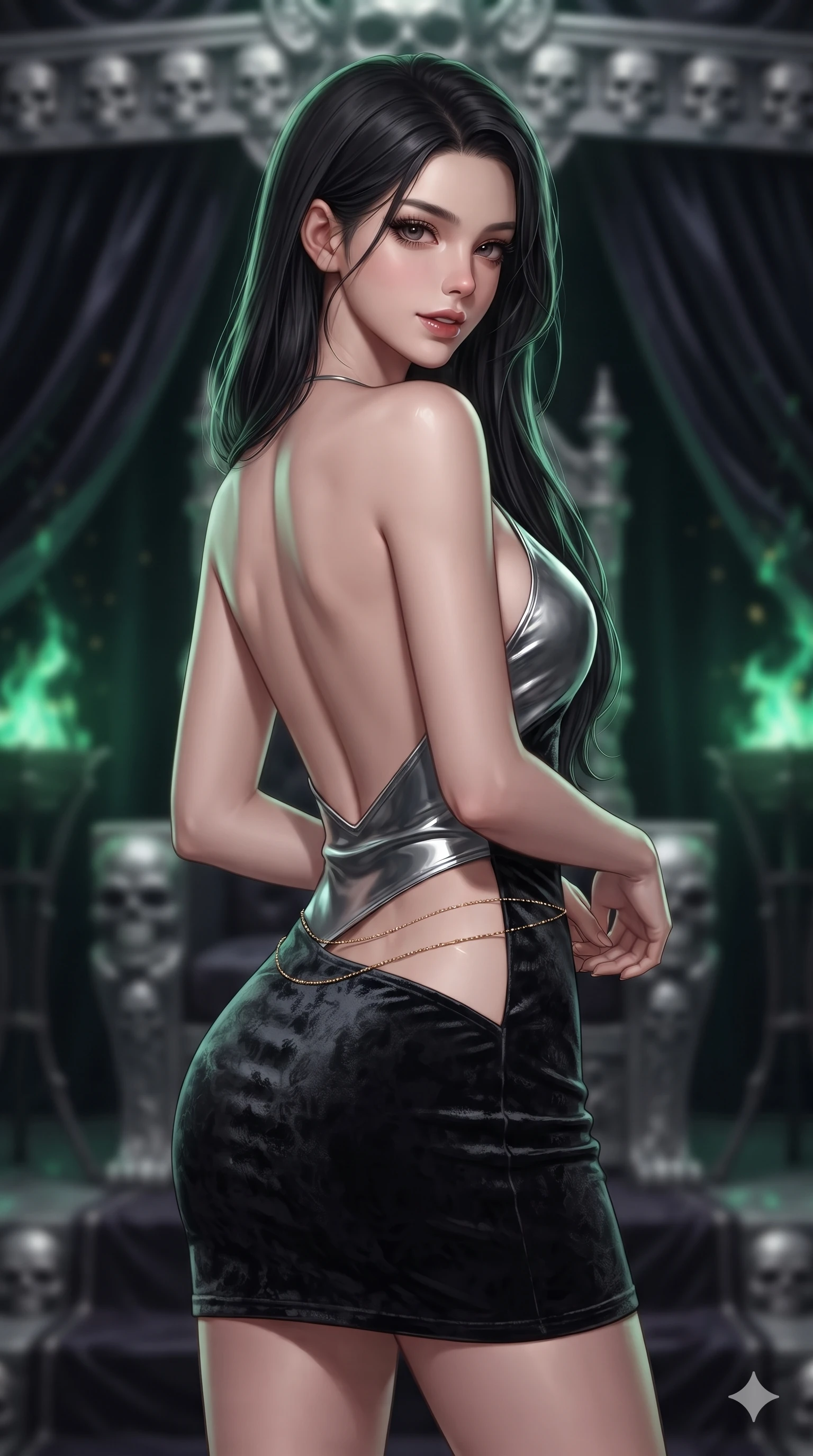 score_9, masterpiece, best quality, ultra-detailed, high-budget anime keyframe, editorial fashion photography, tasteful artistic composition, Korean woman. close-up cowboy shot from the waist and thighs up, the character dominates the composition, filling the frame with her large presence. posing in an alluring rear three-quarter angle, turning over a bare shoulder with an intoxicating, smoldering gaze while twisting her slender torso in an alluring contrapposto stance before the skull-embossed dais, emerald firelight carving specular highlights along her silhouette. The background shows a soft-focus draped dark velvet throne canopy folds, silver-embossed skull friezes, and dancing green witchfire braziers blurred into emerald, viridian, and jet-black bokeh. She has an exceptionally elegant, slender, and willowy female figure with an ultra-slim waist, flat toned midriff, narrow ribcage, and sculpted feminine hips creating an alluring, slim hourglass silhouette without bulk. sharp v-shaped jawline, high-bridge nose, intricate jewel-like dark sparkling eyes with hypnotic seductive depth, thick curled eyelashes, glossy parted lips with a natural wine sheen, alluring bedroom-eyes with an enigmatic smoldering smile, exuding magnetic sovereign charisma and dark avant-garde glamour, flawlessly proportioned anatomical accuracy, strict slender model proportions, natural body alignment, perfectly sculpted long slender limbs, ultra-slim waistline, clean dynamic posture without body distortion. wearing a backless liquid vinyl mini slip dress with bare shoulder neckline in metallic liquid silver and pitch black, tailored from crushed dark velvet with deep light-absorbing plush texture, accented with a dainty gold belly chain resting across her flat midriff and curving hips, the form-fitting cut adhering flawlessly to her sculpted flat midriff and slender torso, emphasizing her long leg lines and perfectly proportioned willowy build. illuminated by velvet dais floor bounce and sharp emerald-platinum rim lights sculpting her razor-sharp jawline, narrow waist, and curvy hips. ultra-reflective glossy finish, specular highlights, metallic sheen, high-contrast stereoscopic depth, volumetric dynamic lighting, 2k, ultra detail, master piece, 9:16 ratio