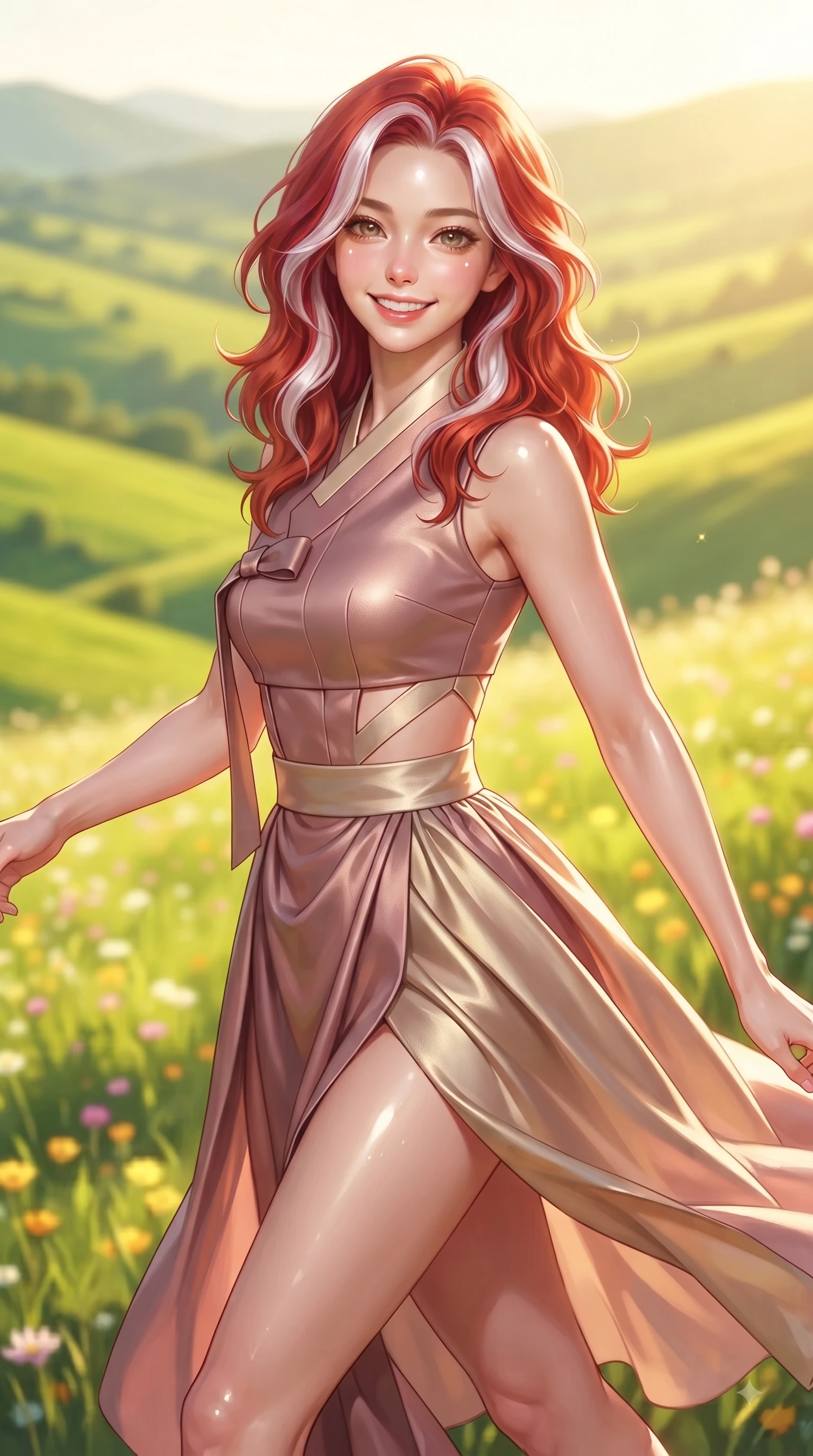 score_9, masterpiece, best quality, ultra-detailed, high-budget anime keyframe, editorial fashion photography, tasteful artistic composition, Caucasian woman. close-up cowboy shot from the waist and thighs up, the character dominates the composition, filling the frame with her large presence, background elements kept in soft focus. Radiant bright smile with sparkling eyes directed right into the lens, her torso turning in a dynamic S-curve alignment while pivoting in a cheerful stride through a sunlit flower meadow with an open infectious smile, a sweeping vista of rolling green hills glowing in warm bright sunlight. She has an exceptionally elegant, slender, and willowy female figure with an ultra-slim waist, a gracefully sculpted slender torso, and a refined silhouette. sharp v-shaped jawline, high-bridge nose, intricate jewel-like eyes with depth, thick eyelashes, glossy lips with a natural sheen, flawlessly proportioned anatomical accuracy, natural body alignment, perfectly sculpted elegant limbs, clean dynamic posture without body distortion. wearing a modern fusion silk hanbok dress with a structured bodice and flowing skirt in dusty rose and champagne gold, crafted from lustrous satin jersey with fluid draping, featuring subtle geometric cutouts that highlight her ultra-slim midriff, the tailored fabric tightly following every curve of her athletic build. surrounded by a vibrant, uplifting atmosphere filled with golden radiance. ultra-reflective glossy finish, specular highlights, metallic sheen, high-contrast stereoscopic depth, volumetric dynamic lighting, 2k, ultra detail, master piece, 9:16 ratio