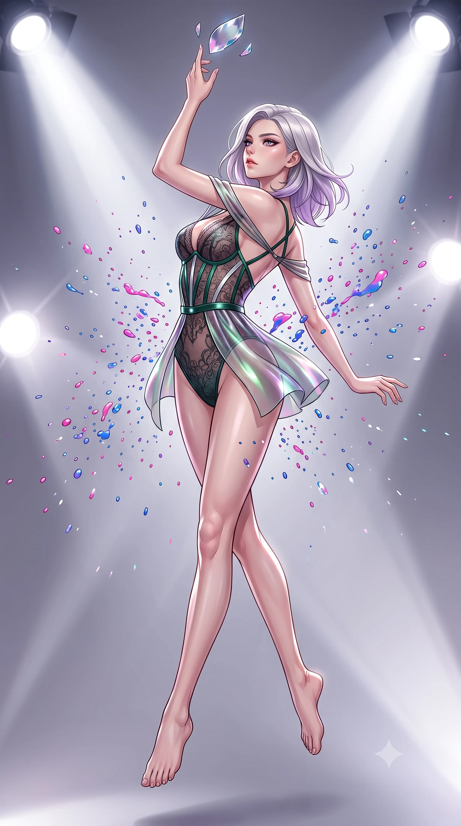 score_9, masterpiece, best quality, ultra-detailed, high-budget anime keyframe, editorial fashion photography, tasteful artistic composition, Caucasian woman. low angle full-body shot from head to toe showing her feet, filling the entire 9:16 vertical frame with her statuesque presence, stretching her vertical silhouette. performing an athletic mid-air rotation with flawless poise, her vertical silhouette beautifully stretched while reaching out to touch a hovering mirror petal catching bright studio spotlights, vibrant paint droplets frozen in time casting specular highlights. She has an absolutely perfect, statuesque 8.5-heads proportion, an exceptionally tall and slender model-like female figure with impossibly long slender legs and an ultra-slim waist. sharp v-shaped jawline, high-bridge nose, intricate jewel-like eyes with depth, thick eyelashes, glossy lips with a natural sheen, flawlessly proportioned anatomical accuracy, natural body alignment, perfectly sculpted elegant limbs, clean dynamic posture without body distortion. wearing a sheer dark lace pattern bodysuit with structured corsetry boning in deep emerald green and silver accent, crafted from iridescent chiffon that shifts colors in the light, complemented by criss-cross back straps highlighting her bare shoulders, the elegant draped fit framing her graceful clavicle and slender torso. illuminated by high-contrast studio spotlights with sharp specular highlights. highly saturated vibrant anime colors, detailed shading with soft gradients, rich glossy textures, high-contrast stereoscopic depth, volumetric dynamic lighting, master piece, 9:16 ratio
