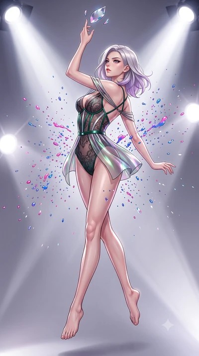 score_9, masterpiece, best quality, ultra-detailed, high-budget anime keyframe, editorial fashion photography, tasteful artistic composition, Caucasian woman. low angle full-body shot from head to toe showing her feet, filling the entire 9:16 vertica
