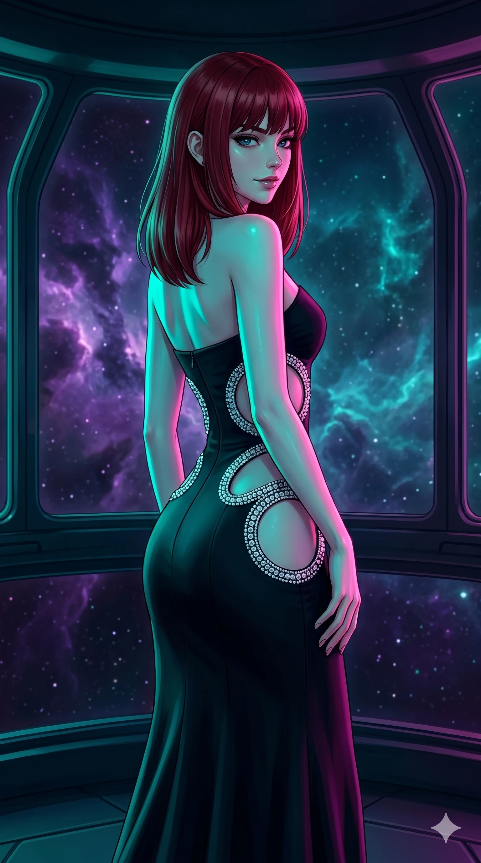 score_9, masterpiece, best quality, ultra-detailed, high-budget anime keyframe, editorial fashion photography, tasteful artistic composition, Caucasian woman, strictly human ears. cowboy shot from the thighs up, character and outfit filling the frame for maximum editorial presence. Glancing sidelong over her shoulder with a smoldering half-smile inside a deep-space observatory with nebula clouds of violet and teal drifting past panoramic windows. She has an absolutely perfect 8-heads proportion, an exceptionally tall and slender female figure with impossibly long slender legs and an ultra-slim waist. V-shaped jawline, high-bridge nose, intricate jewel-like eyes with depth, thick eyelashes, glossy lips with a natural sheen. wearing a midnight black structured couture gown with elaborate crystal-edged circular cutouts at the waist and hip, creating a dazzling jeweled window effect against her skin. under intense neon teal and magenta split-lighting creating vivid chromatic contrast on her figure. 2k, ultra detail, master piece, 9:16 ratio