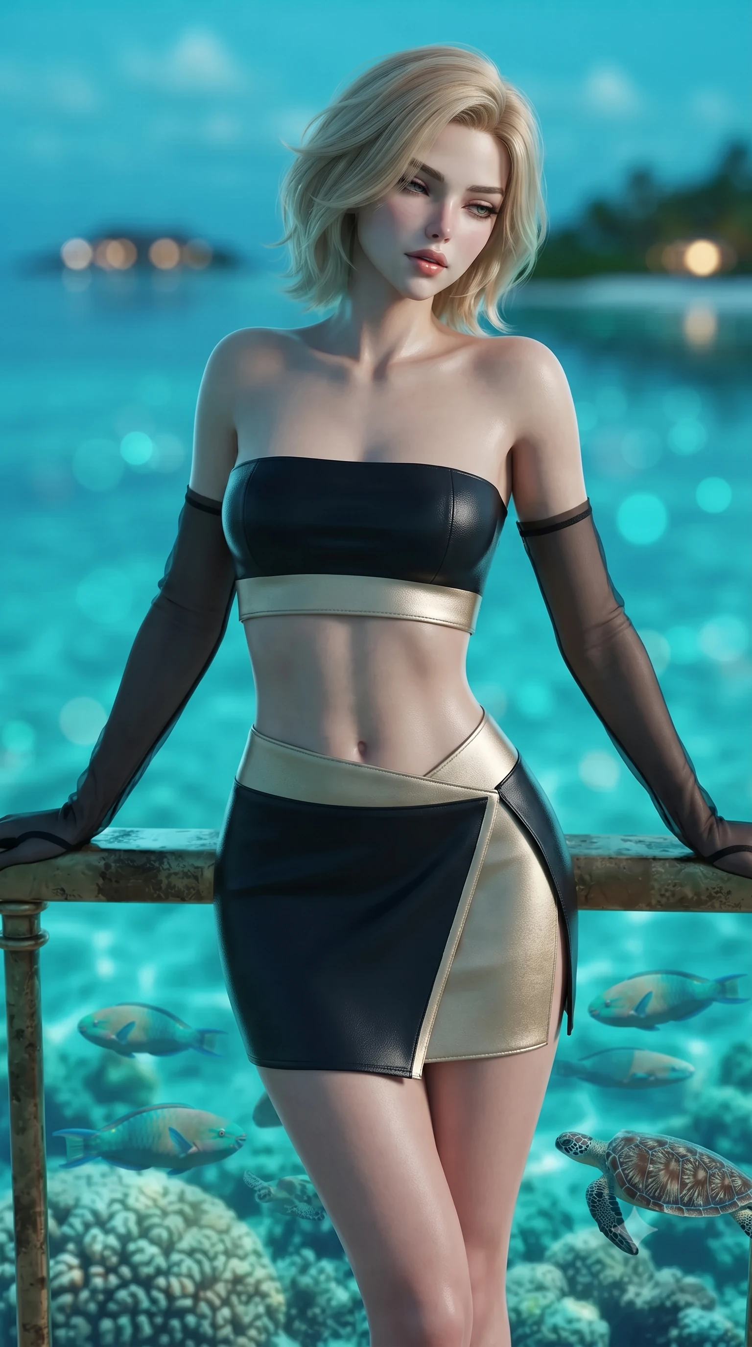 score_9, masterpiece, best quality, ultra-detailed, high-budget anime keyframe, editorial fashion photography, tasteful artistic composition, Caucasian woman. close-up cowboy shot from the waist and thighs up, the character dominates the composition, filling the frame with her large presence. leaning back against the balustrade with relaxed seductive grace, head tilted back slightly while casting a hypnotic, heavy-lidded gaze while leaning against the nautical brass rail with hips cocked back, looking down at illuminated tropical parrotfish and sea turtles with smoldering bedroom-eyes. The background shows a soft-focus crystal-clear turquoise Caribbean waters with illuminated brain coral and swimming tropical fish below, distant island lights, blurred into cyan, emerald, and sapphire bokeh. She has an exceptionally elegant, slender, and willowy female figure with an ultra-slim waist, flat toned midriff, narrow ribcage, and sculpted feminine hips creating an alluring, slim hourglass silhouette without bulk. sharp v-shaped jawline, high-bridge nose, intricate jewel-like sparkling eyes with depth, thick eyelashes, glossy parted lips with a natural peach sheen, bright cheerful beaming smile with an enchanting and coquettish sensual glint, exuding both youthful cute charm and seductive allure, flawlessly proportioned anatomical accuracy, strict slender model proportions, natural body alignment, perfectly sculpted long slender limbs, ultra-slim waistline, clean dynamic posture without body distortion. wearing an ultra-cropped fitted bandeau top paired with a micro mini tennis skirt revealing her flat toned midriff in deep midnight obsidian black and champagne gold, woven from buttery-soft stretch lambskin leather adhering to her body like a second skin, complemented by sheer opera-length evening gloves tracing her slender arms, the high-slit wrap tailoring accentuating her ultra-slim waistline and the enchanting curve of her feminine hips with alluring seductive charm. illuminated by water caustics bounce and sharp platinum-cyan rim lights sculpting her jawline, narrow waist, and curvy hips. ultra-reflective glossy finish, specular highlights, rich textural contrasts, high-contrast stereoscopic depth, volumetric dynamic lighting, 2k, ultra detail, master piece, 9:16 ratio