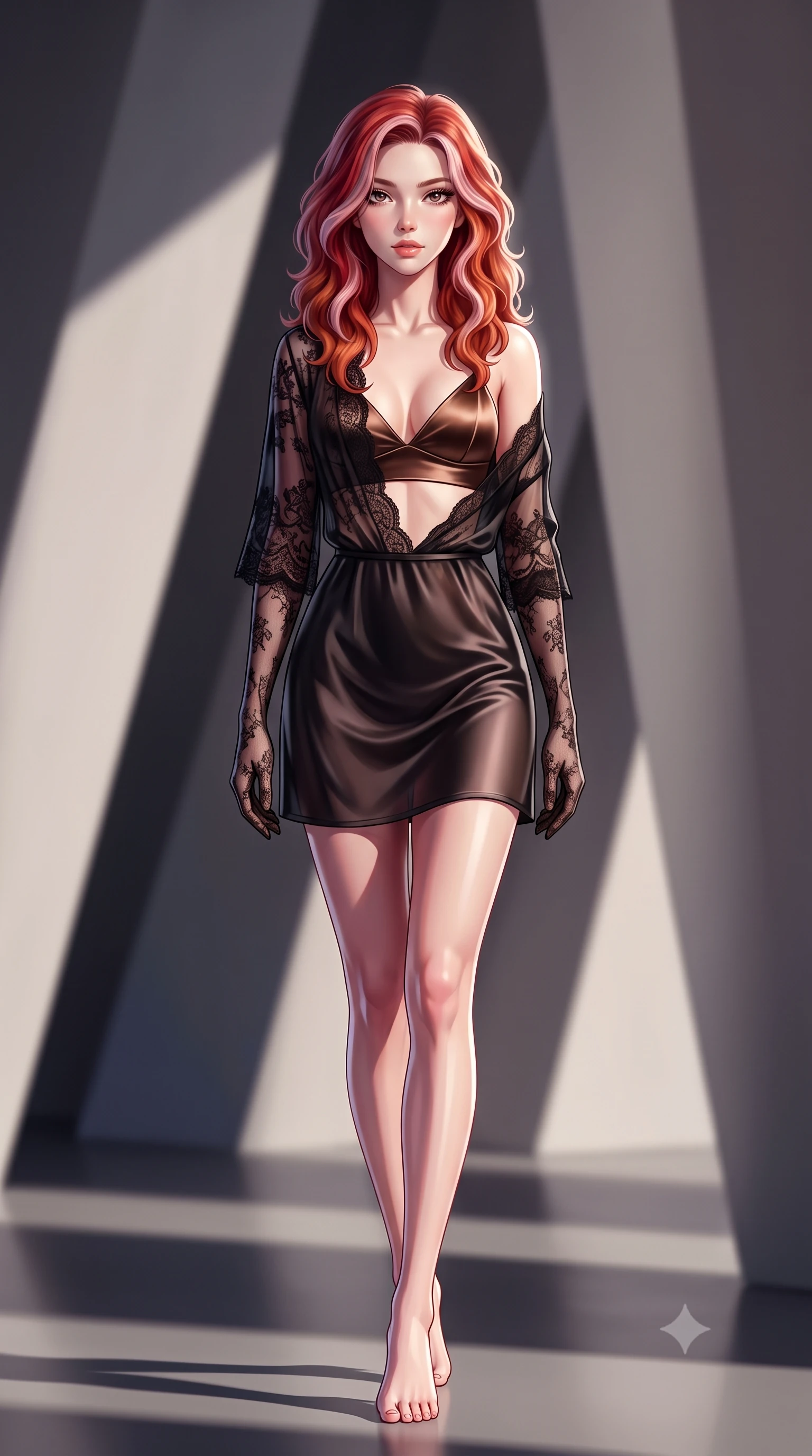 score_9, masterpiece, best quality, ultra-detailed, high-budget anime keyframe, semi-realistic 3D game render, editorial fashion photography, tasteful artistic composition, Caucasian woman. low angle full-body shot from head to toe showing her feet, filling the entire 9:16 vertical frame with her statuesque presence, stretching her vertical silhouette. stepping slowly toward the camera with hypnotic grace, hips swaying in an alluring sensual rhythm that accentuates her curvy hourglass silhouette and long slender legs while twisting her slender torso in an alluring contrapposto stance, stark diagonal shadow wedges framing her narrow waist and rounded hips. The background shows a soft-focus diagonal sunlight wedges softened in architectural monumentality shallow focus. She has an absolutely perfect, statuesque 8.5-heads proportion, an exceptionally tall and slender model-like female figure with impossibly long slender legs, an ultra-slim waist, a flat toned midriff, narrow delicate ribcage, and beautifully sculpted feminine hips creating a graceful, slim hourglass silhouette without any bulky heaviness. sharp v-shaped jawline, high-bridge nose, sparkling eyes with hypnotic seductive depth, thick curled eyelashes, glossy parted lips with a natural dewy peach sheen, alluring bedroom-eyes with an enchanting coquettish smile, exuding magnetic siren charisma and sophisticated glamour, flawlessly proportioned anatomical accuracy, strict slender model proportions, natural body alignment, perfectly sculpted long slender limbs, ultra-slim waistline, clean dynamic posture without body distortion. wearing a delicate semi-sheer black Chantilly lace boudoir robe worn loose and slipping off bare shoulders over a matching satin bralette in sultry espresso bronze and metallic copper with velvet sheen, crafted from fluid liquid silk satin that clings smoothly to every curve with a dewy sheen, complemented by sheer opera-length lace evening gloves tracing her slender arms, the form-contouring silhouette accentuating her sculpted flat midriff, narrow delicate ribcage, and gracefully curvy hips with intoxicating allure. illuminated by concrete bounce fill and sharp platinum-white rim lights sculpting her jawline, flat midriff, and curvaceous hips. highly saturated vibrant anime colors, detailed shading with soft gradients, rich glossy textures, high-contrast stereoscopic depth, volumetric dynamic lighting, master piece, 9:16 ratio