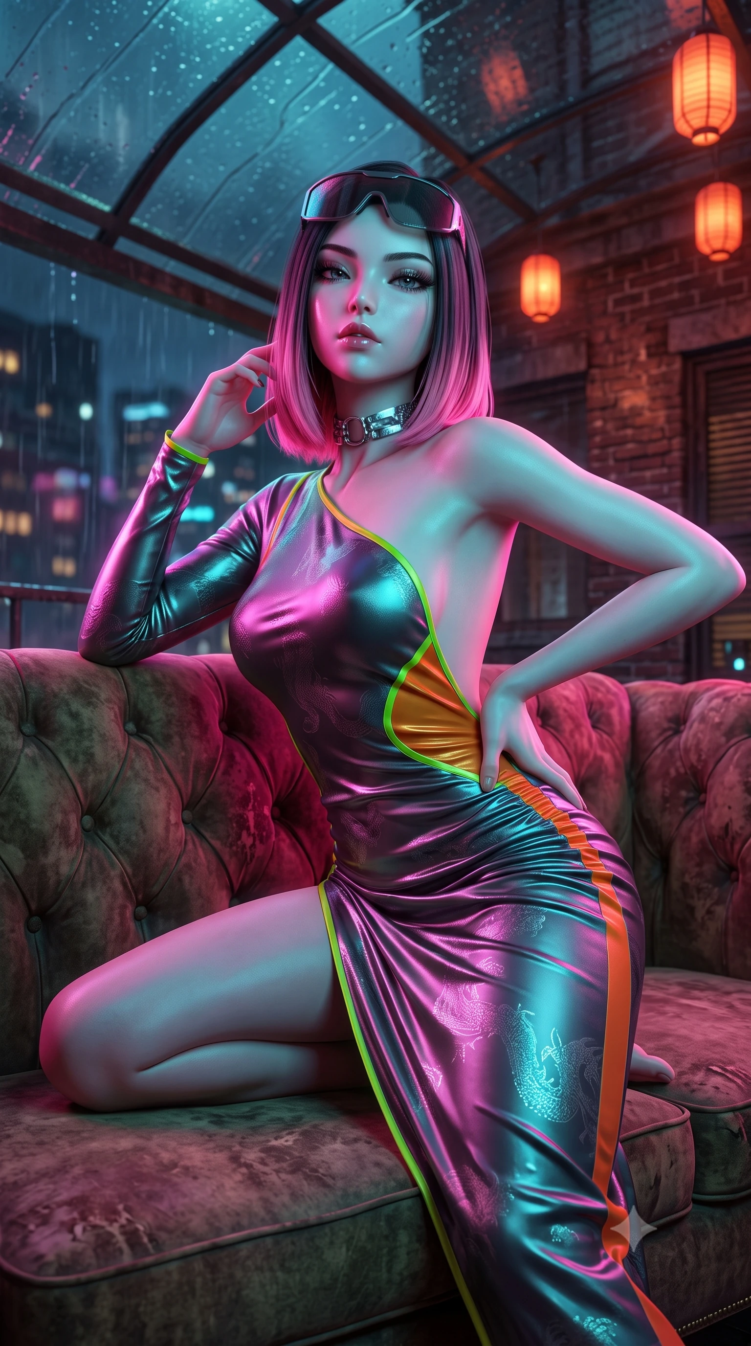 score_9, masterpiece, best quality, ultra-detailed, high-budget anime keyframe, semi-realistic 3D game render, editorial fashion photography, tasteful artistic composition, Korean woman. close-up cowboy shot from the waist and thighs up, the character dominates the composition, filling the frame with her large presence. tilting her chin up with proud, sovereign allure while gazing through thick eyelashes, one hand resting on her waist in pure supermodel charisma while reclining on a vintage velvet Chesterfield sofa inside a rain-streaked rooftop teahouse, one knee drawn up in a seductive Cleopatra pose. The composition keeps background elements in soft focus with creamy bokeh. rain-streaked glass awnings and weathered brick penthouse facades softened in moody cinematic focus. She has an exceptionally elegant, slender, and willowy female figure with an ultra-slim waist, a gracefully sculpted slender torso, toned flat midriff, and rounded feminine hips creating an alluring hourglass silhouette. sharp v-shaped jawline, high-bridge nose, intricate jewel-like eyes with depth, thick eyelashes, glossy parted lips with a natural sheen, intensely captivating and seductive bedroom-eyes expression, flawlessly proportioned anatomical accuracy, strict slender model proportions, natural body alignment, perfectly sculpted long slender limbs, ultra-slim waistline, clean dynamic posture without body distortion. wearing an asymmetric one-shoulder metallic qipao gown with neon green accents and hip-defining ruching in metallic gunmetal and laser orange, tailored from smooth liquid silk satin with subtle dragon jacquard, accessorized with cyber-visor sunglasses resting on her brow and chunky silver choker, the dramatically scooped open back descending to the base of her spine, accentuating her razor-sharp statuesque lines and curvy hourglass silhouette. bathed in vibrant magenta and electric cyan neon light contrasting with warm lantern scarlet downlights. highly saturated vibrant anime colors, detailed shading with soft gradients, rich glossy textures, high-contrast stereoscopic depth, volumetric dynamic lighting, master piece, 9:16 ratio