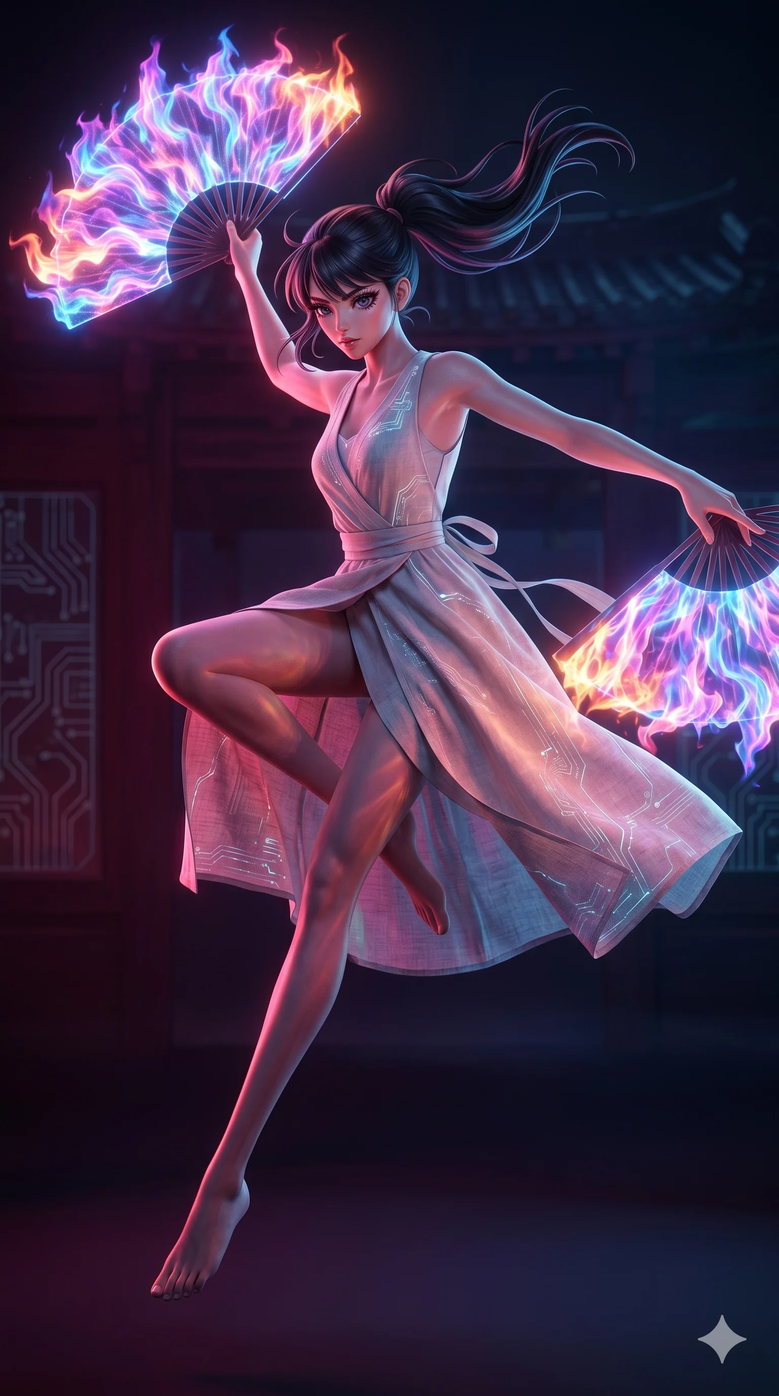 score_9, masterpiece, best quality, ultra-detailed, photorealistic 8k CG, hyper-detailed textures, ray-tracing, Caucasian (strictly human ears) woman. Mid-air action shot capturing a graceful twist and vertical silhouette. performing a traditional fan dance with fans made of holographic fire. She has an absolutely perfect 8-heads proportion, an exceptionally tall and slender female figure with graceful and slender proportions. strictly human anatomy, two legs only, no extra limbs, clearly defined legs and arms, perfect anatomy, perfect hands and fingers. sharp v-shaped jawline, high-bridge nose, intricate jewel-like eyes, thick eyelashes, glossy lips. Wearing Seasonal/Resort: Elegant one-piece with sarong, linen sundress with tie-back, and light fabric wrap. The scene is illuminated by dramatic atmospheric lighting and vibrant color palettes. , 2k, ultra detail, master piece, 9:16 ratio