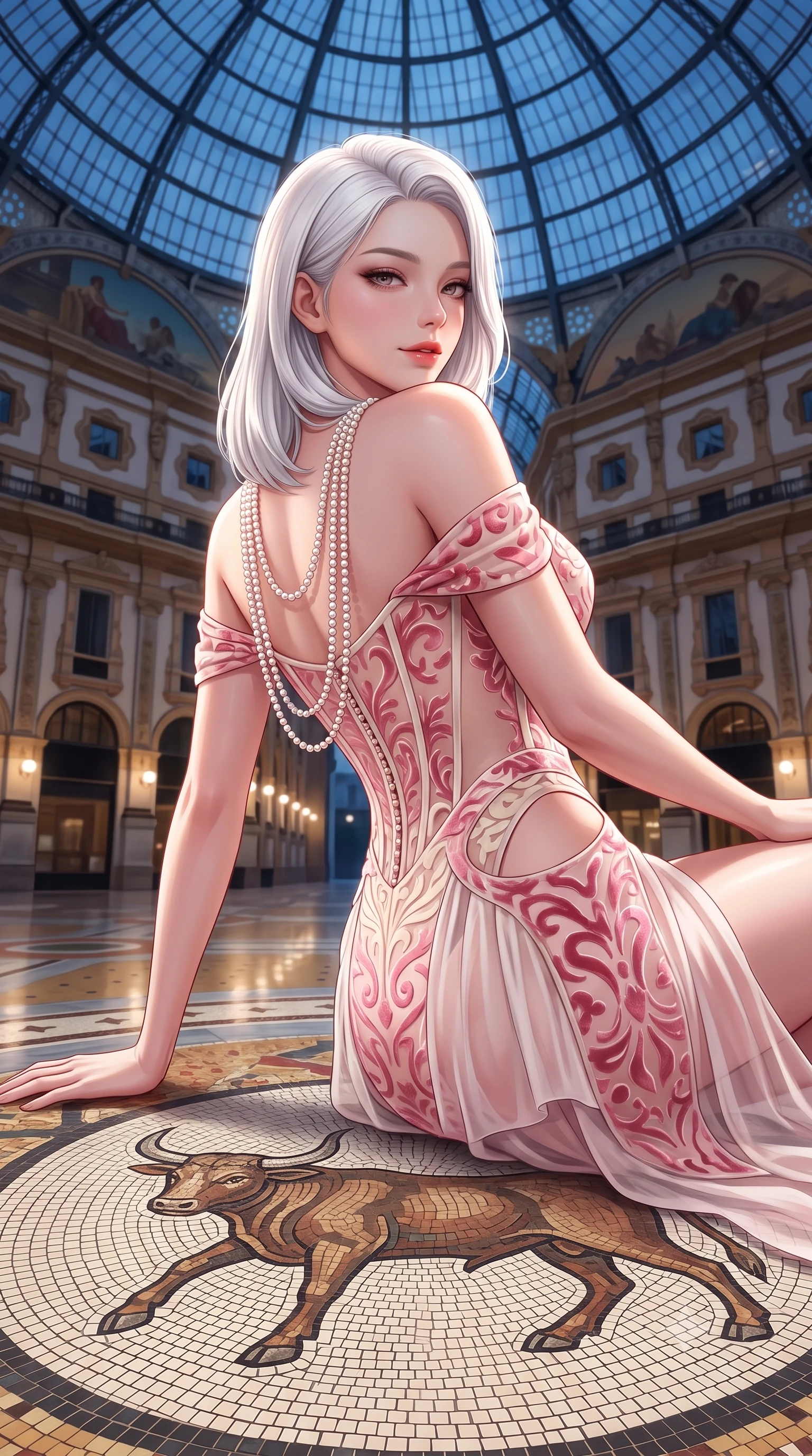 score_9, masterpiece, best quality, ultra-detailed, high-budget anime keyframe, semi-realistic 3D game render, editorial fashion photography, tasteful artistic composition, Korean woman. close-up cowboy shot from the waist and thighs up, the character dominates the composition, filling the frame with her large presence. leaning back with relaxed seductive grace, her sculpted collarbones and narrow waist highlighted as she casts smoldering bedroom-eyes directly into the camera while pausing at the center of the famous mosaic bull floor with hips cocked back, glancing over a bare shoulder with an audacious, haute-couture smile. The surrounding environment is rendered in vivid detail and crisp panoramic clarity. sharp marble mosaic floor tesserae, iron roof truss rivets, and neoclassical facade moldings in deep focus. She has an exceptionally elegant, slender, and willowy female figure with an ultra-slim waist, flat toned midriff, narrow ribcage, and sculpted feminine hips creating an alluring, slim hourglass silhouette without bulk. sharp v-shaped jawline, high-bridge nose, intricate jewel-like eyes with depth, thick eyelashes, glossy parted lips with a natural sheen, intensely captivating and seductive bedroom-eyes expression, flawlessly proportioned anatomical accuracy, strict slender model proportions, natural body alignment, perfectly sculpted long slender limbs, ultra-slim waistline, clean dynamic posture without body distortion. wearing an off-shoulder French court corset bodice dress paired with a tiered translucent chiffon slit skirt in sakura blossom pink and warm ivory, made of sheer contouring power-mesh with velvet flocking patterns, accented with a multi-strand pearl back necklace cascading down her bare spine to her hips, the precision-cut side openings and low-back scoop framing her graceful spine and the sensual sweep of her slim, toned hips. bathed in soft architectural boutique spotlighting contrasting with cool midnight skylight through the glass dome. highly saturated vibrant anime colors, detailed shading with soft gradients, rich glossy textures, high-contrast stereoscopic depth, volumetric dynamic lighting, master piece, 9:16 ratio