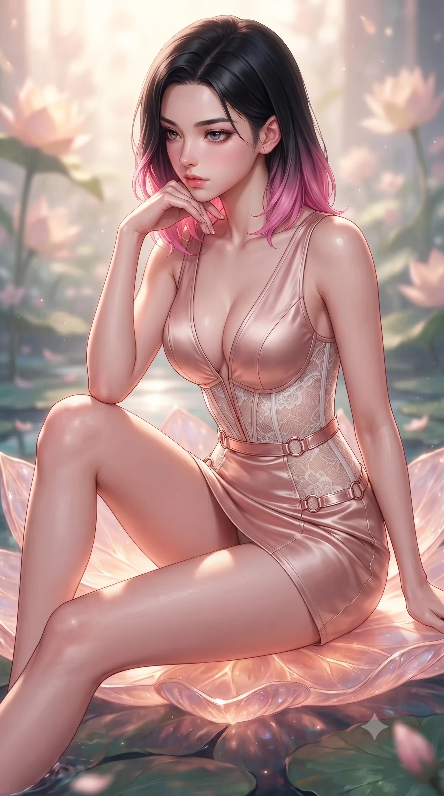 score_9, masterpiece, best quality, ultra-detailed, high-budget anime keyframe, editorial fashion photography, tasteful artistic composition, Korean woman. close-up cowboy shot from the waist and thighs up, the character dominates the composition, filling the frame with her large presence, background elements kept in soft focus. Resting her chin on the backs of her fingers with an air of effortless superiority, poised on a giant crystal lotus leaf in a mirror-still opal pond, graceful botanical framing around her tall statuesque posture. She has an exceptionally elegant, slender, and willowy female figure with an ultra-slim waist, a gracefully sculpted slender torso, and a refined silhouette. sharp v-shaped jawline, high-bridge nose, intricate jewel-like eyes with depth, thick eyelashes, glossy lips with a natural sheen. wearing deep V-neck corset bodice mini dress with sheer white lace panels in glowing ivory, made of soft rose-gold satin, trimmed with rose-gold ring hardware along the waist contours, the fitted fabric emphasizing her ultra-slim waist. illuminated by soft rose-gold bioluminescence and warm sunbeams. highly saturated vibrant anime colors, detailed shading with soft gradients, rich glossy textures, high-contrast stereoscopic depth, volumetric dynamic lighting, master piece, 9:16 ratio