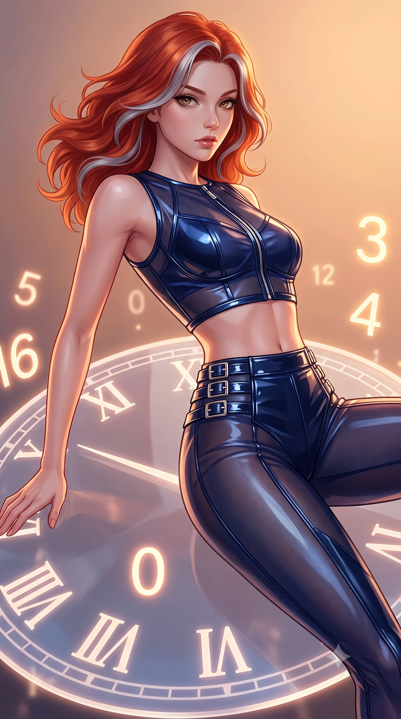 score_9, masterpiece, best quality, ultra-detailed, high-budget anime keyframe, editorial fashion photography, tasteful artistic composition, Caucasian woman. close-up cowboy shot from the waist and thighs up, the character dominates the composition, filling the frame with her large presence, background elements kept in soft focus. Gazing past the lens with composed intensity as her torso curves dynamically in mid-motion while balancing dynamically on a giant translucent Roman numeral clock dial in mid-air, glowing neon clock numbers floating in mid-air with vintage elegancy. She has an exceptionally elegant, slender, and willowy female figure with an ultra-slim waist, a gracefully sculpted slender torso, and a refined silhouette. sharp v-shaped jawline, high-bridge nose, intricate jewel-like eyes with depth, thick eyelashes, glossy lips with a natural sheen, flawlessly proportioned anatomical accuracy, natural body alignment, perfectly sculpted elegant limbs, clean dynamic posture without body distortion. wearing a glossy vinyl crop top and high-waist tailored leggings with sleek zippers in midnight navy blue and chrome trim, woven from fine semi-opaque sheer organza, detailed with polished silver buckles along the waistline, the sleek second-skin texture accentuating her magnetic presence. bathed in warm twilight amber backlighting and rich metallic specular glow. highly saturated vibrant anime colors, detailed shading with soft gradients, rich glossy textures, high-contrast stereoscopic depth, volumetric dynamic lighting, master piece, 9:16 ratio