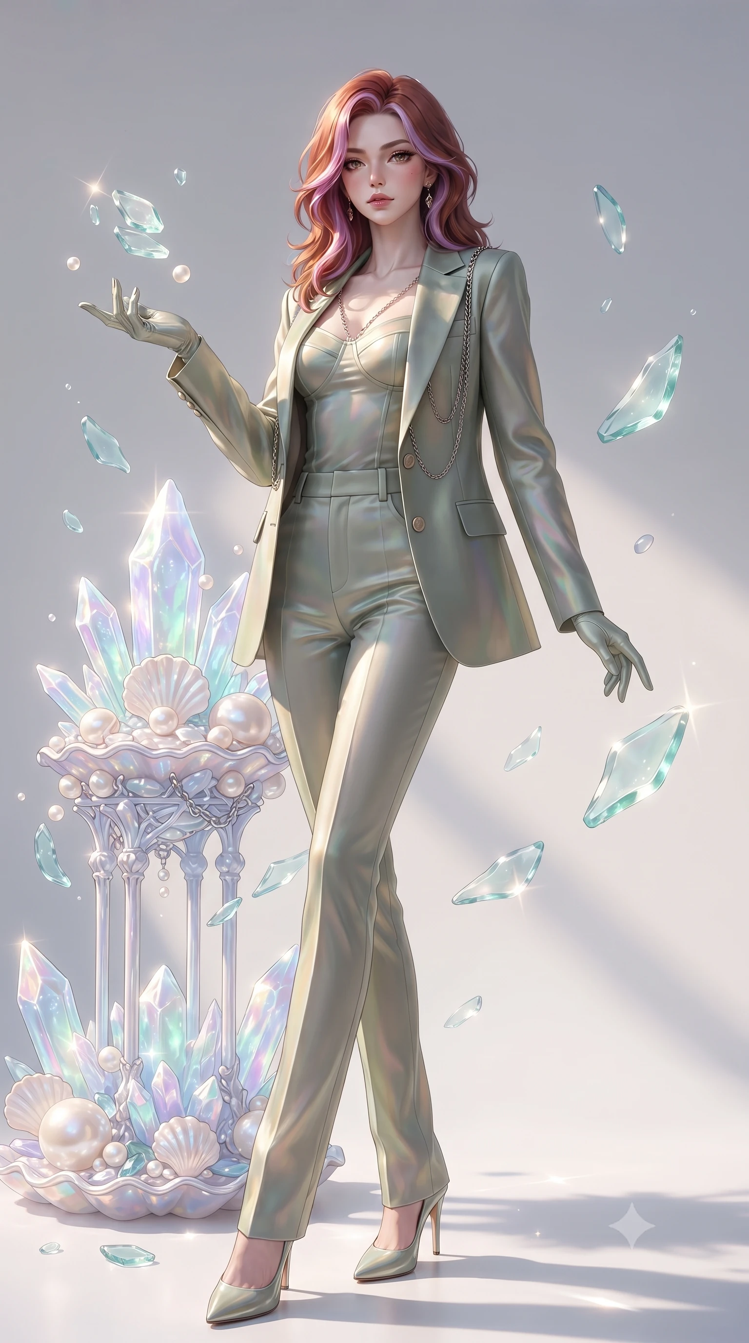 score_9, masterpiece, best quality, ultra-detailed, high-budget anime keyframe, editorial fashion photography, tasteful artistic composition, Caucasian woman. low angle full-body shot from head to toe showing her feet, filling the entire 9:16 vertical frame with her statuesque presence, stretching her vertical silhouette. interacting gracefully with the magical floating elements while maintaining a confident posture standing beside a pearl archive sanctuary filled with glowing sea crystals, translucent sea glass fragments drifting gracefully around her. She has an absolutely perfect, statuesque 8.5-heads proportion, an exceptionally tall and slender model-like female figure with impossibly long slender legs and an ultra-slim waist. sharp v-shaped jawline, high-bridge nose, intricate jewel-like eyes with depth, thick eyelashes, glossy lips with a natural sheen. wearing a tailored silk blazer over a form-contouring top and fitted slacks in sage green and oatmeal, crafted from iridescent chiffon that shifts colors in the light, adorned with delicate metallic chain straps along the neckline, the glove-like fit emphasizing her statuesque silhouette. lit by clear sun-drenched sea light with soft ethereal shadows. ultra-reflective glossy finish, specular highlights, metallic sheen, high-contrast stereoscopic depth, volumetric dynamic lighting, 2k, ultra detail, master piece, 9:16 ratio