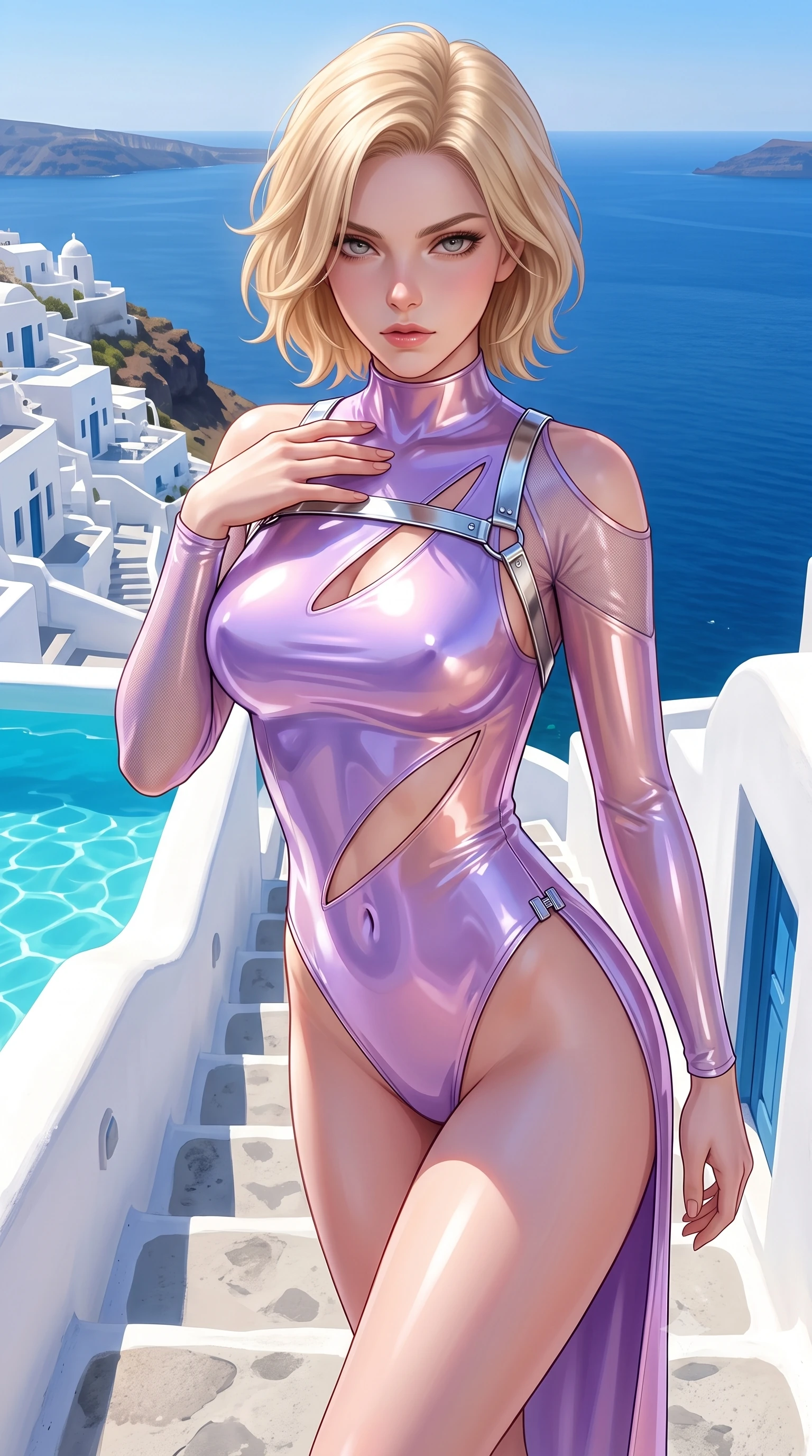 score_9, masterpiece, best quality, ultra-detailed, high-budget anime keyframe, semi-realistic 3D game render, editorial fashion photography, tasteful artistic composition, Caucasian woman. close-up cowboy shot from the waist and thighs up, the character dominates the composition, filling the frame with her large presence. leaning forward with a dangerous, enticing smolder, resting one hand near her collarbone while casting a fiery, magnetic direct gaze while pivoting dynamically on white caldera steps with a breathtaking view of the sparkling sunlit Mediterranean sea. The surrounding environment is rendered in vivid detail and crisp panoramic clarity. crisp white Greek caldera architecture, turquoise water caustics, and endless azure sea horizon in deep focus. She has an exceptionally elegant, slender, and willowy female figure with an ultra-slim waist, a gracefully sculpted slender torso, toned flat midriff, and a refined slim silhouette. sharp v-shaped jawline, high-bridge nose, intricate jewel-like eyes with depth, thick eyelashes, glossy lips with a natural sheen, flawlessly proportioned anatomical accuracy, strict slender model proportions, natural body alignment, perfectly sculpted long slender limbs, ultra-slim waistline, clean dynamic posture without body distortion. wearing an ultra-sleek high-cut tech-bodysuit featuring dangerous diagonal slitted cutouts on the midriff and shoulders, reinforced by a metallic silver harness and sheer mesh sleeves in luminous lavender violet and rose gold, crafted from ultra-reflective second-skin latex with a high-gloss glass-like polish, finished with an ultra-high side slit secured by miniature magnetic clasps, the precision-cut daring openings accentuating her delicate midriff, graceful bare collarbones, and ultra-slim feminine waistline. surrounded by a bright, luxurious, and intensely alluring sun-drenched resort atmosphere. highly saturated vibrant anime colors, detailed shading with soft gradients, rich glossy textures, high-contrast stereoscopic depth, volumetric dynamic lighting, master piece, 9:16 ratio