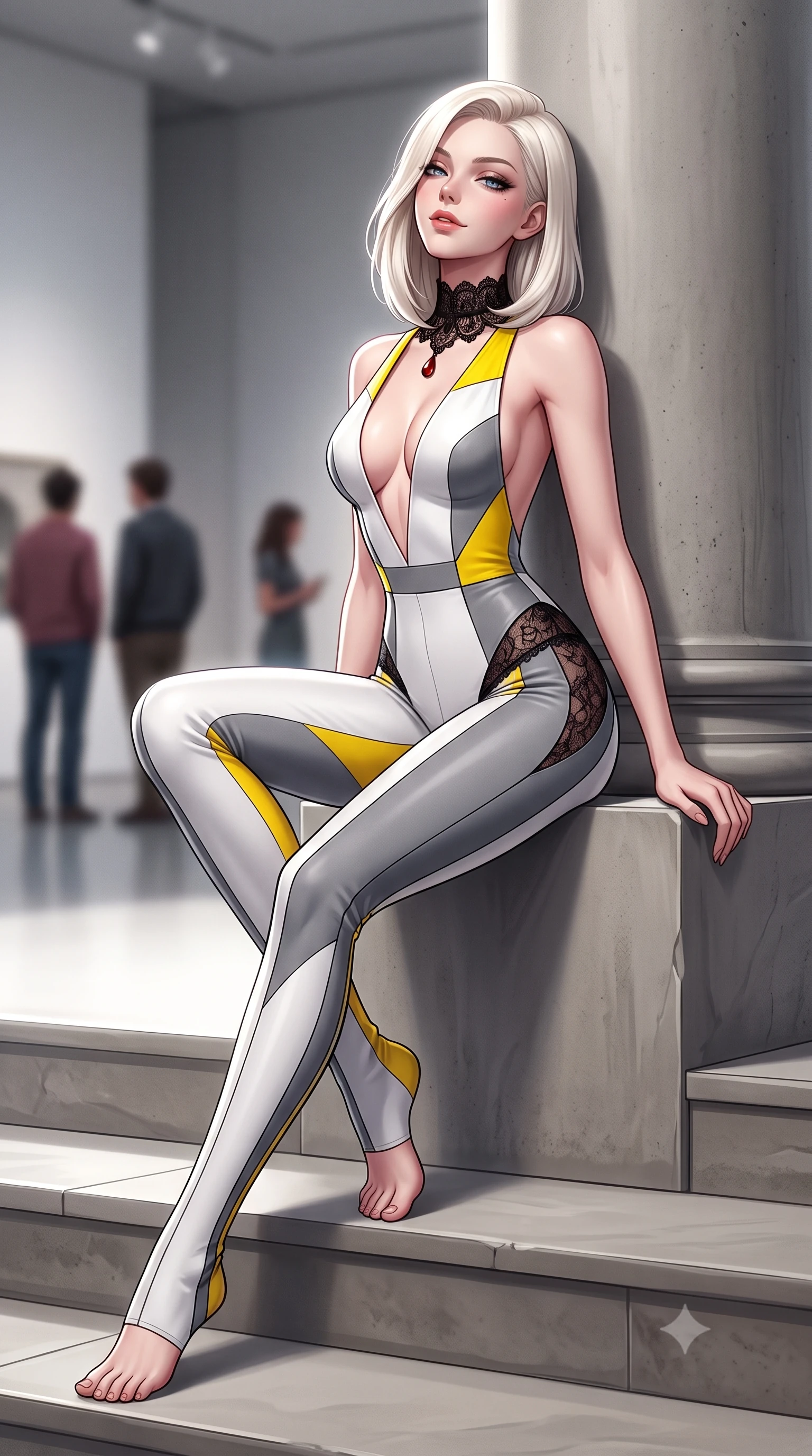 score_9, masterpiece, best quality, ultra-detailed, high-budget anime keyframe, semi-realistic 3D game render, editorial fashion photography, tasteful artistic composition, Caucasian woman. low angle full-body shot from head to toe showing her feet, filling the entire 9:16 vertical frame with her statuesque presence, stretching her vertical silhouette. sitting poised on the stone steps with one knee bent, arching her spine with supermodel elegance as she glances upward through thick eyelashes while leaning against a smooth concrete architectural pillar with hips cocked back, casting an intoxicating, heavy-lidded high-fashion gaze. The background shows a soft-focus modern art visitors softened in ultra-minimalist museum shallow focus. She has an absolutely perfect, statuesque 8.5-heads proportion, an exceptionally tall and slender model-like female figure with impossibly long slender legs, an ultra-slim waist, a flat toned midriff, narrow delicate ribcage, and beautifully sculpted feminine hips creating a graceful, slim hourglass silhouette without any bulky heaviness. sharp v-shaped jawline, high-bridge nose, sparkling eyes with hypnotic seductive depth, thick curled eyelashes, glossy parted lips with a natural dewy peach sheen, alluring bedroom-eyes with an enchanting coquettish smile, exuding magnetic siren charisma and sophisticated glamour, flawlessly proportioned anatomical accuracy, strict slender model proportions, natural body alignment, perfectly sculpted long slender limbs, ultra-slim waistline, clean dynamic posture without body distortion. wearing a backless plunge-front second-skin velvet jumpsuit with fluid tapered legs and sheer lace hip inserts in Bauhaus optic white and concrete grey with primary yellow accents, tailored from fine structural neoprene with crisp architectural edges and smooth contouring, accented with an ornate black lace Victorian choker featuring a single blood-red teardrop garnet, the liquid-tight tailored fabric clinging flawlessly to her narrow waist and rounded feminine hips, emphasizing every millimeter of her sculpted slim hourglass curves without any bulky heaviness. illuminated by white floor bounce fill and sharp platinum rim lights sculpting her razor-sharp jawline, narrow waist, and curvy hips. highly saturated vibrant anime colors, detailed shading with soft gradients, rich glossy textures, high-contrast stereoscopic depth, volumetric dynamic lighting, master piece, 9:16 ratio