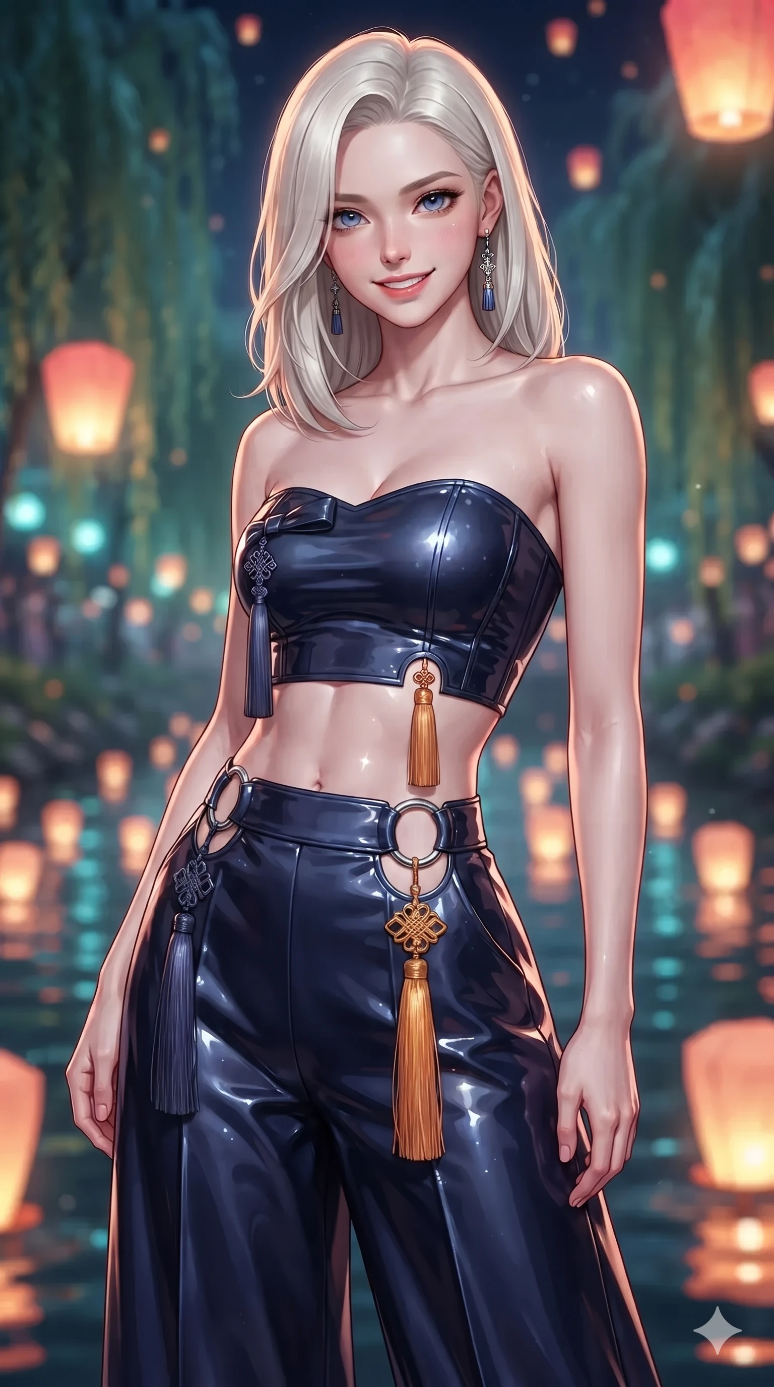 score_9, masterpiece, best quality, ultra-detailed, high-budget anime keyframe, editorial fashion photography, tasteful artistic composition, Caucasian woman. close-up cowboy shot from the waist and thighs up, the character dominates the composition, filling the frame with her large presence. smiling with quiet, magnetic self-assurance directly into the camera, her sculpted waistline catching specular moonbeam highlights while twisting her slender torso in an alluring contrapposto stance, floating paper lanterns casting warm coral and gold highlights across her curves. The background shows a soft-focus floating paper lantern lights on the stream and weeping willows blurred into coral, gold, and aquamarine bokeh. She has an exceptionally elegant, slender, and willowy female figure with an ultra-slim waist, flat toned midriff, narrow ribcage, and sculpted feminine hips creating an alluring, slim hourglass silhouette without bulk. sharp v-shaped jawline, high-bridge nose, sparkling eyes with hypnotic seductive depth, thick curled eyelashes, glossy parted lips with a natural dewy peach sheen, alluring bedroom-eyes with an enchanting coquettish smile, exuding magnetic siren charisma and sophisticated glamour, flawlessly proportioned anatomical accuracy, strict slender model proportions, natural body alignment, perfectly sculpted long slender limbs, ultra-slim waistline, clean dynamic posture without body distortion. wearing a modern strapless boned hanbok bustier with traditional norigae tassel accents paired with high-waisted wide-leg silk trousers in midnight indigo and glowing lantern topaz, crafted from wet-look high-gloss vinyl fabric with dazzling specular surface reflections, accented with sculptural chrome hardware rings framing the subtle cutouts, the impeccably tailored cut draping gracefully along her slender figure with aristocratic eastern poise. bathed in radiant celestial moonlight combined with floating candle lantern glows from the stream. ultra-reflective glossy finish, specular highlights, rich textural contrasts, high-contrast stereoscopic depth, volumetric dynamic lighting, 2k, ultra detail, master piece, 9:16 ratio