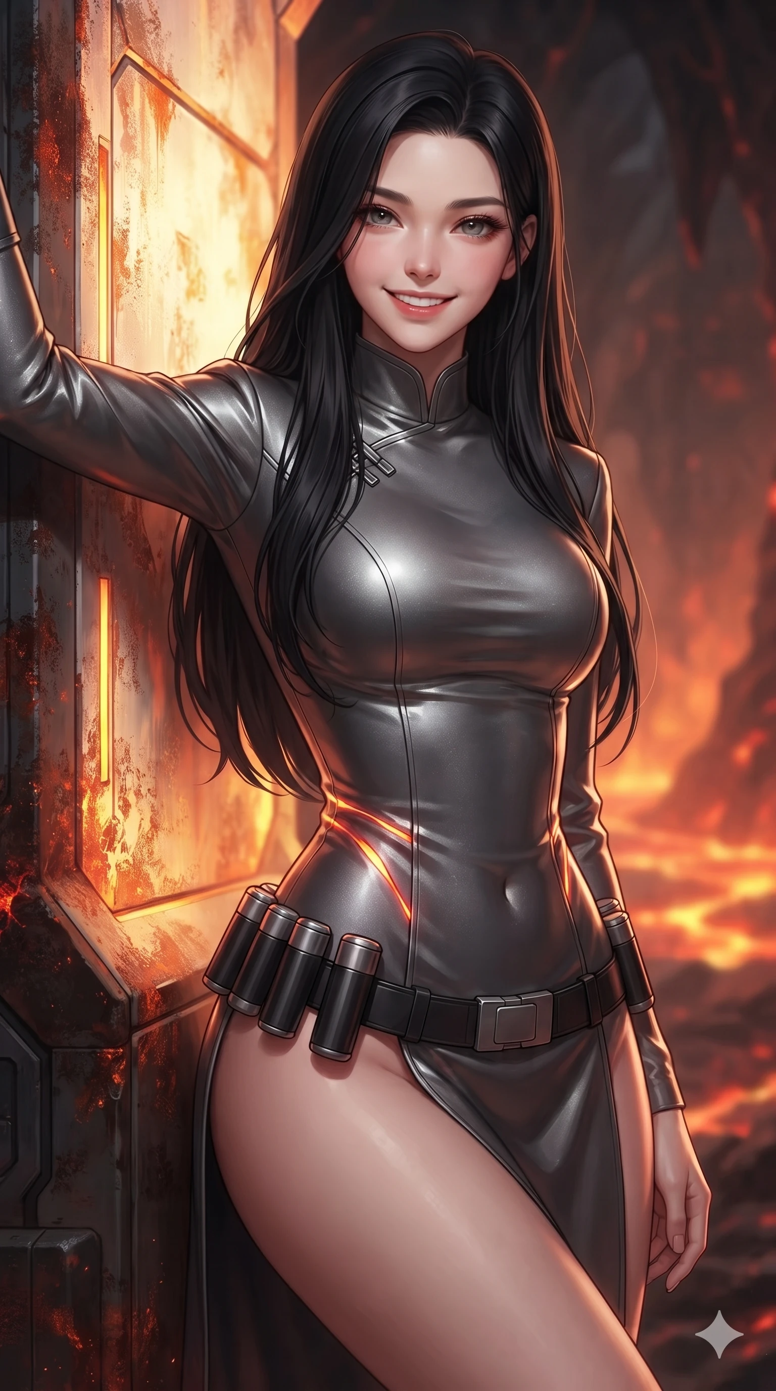 score_9, masterpiece, best quality, ultra-detailed, high-budget anime keyframe, editorial fashion photography, tasteful artistic composition, Korean woman. close-up cowboy shot from the waist and thighs up, the character dominates the composition, filling the frame with her large presence. leaning back against the glowing maintenance bulkhead with relaxed seductive grace, her flat midriff and narrow waist highlighted as laser ambient light traces her curves while twisting her slender torso in an alluring contrapposto, fiery magma reflections painting glowing crimson and gold lines along her narrow waist and hips. The background shows a soft-focus dense volcanic cavern atmosphere softened in subterranean lava gantry shallow focus. She has an exceptionally elegant, slender, and willowy female figure with an ultra-slim waist, flat toned midriff, narrow ribcage, and sculpted feminine hips creating an alluring, slim hourglass silhouette without bulk. sharp v-shaped jawline, high-bridge nose, intricate jewel-like sparkling eyes with depth, thick eyelashes, glossy parted lips with a natural sheen, bright confident smile with an enchanting and coquettish sensual glint, exuding both youthful magnetic charm and sovereign high-tech allure, flawlessly proportioned anatomical accuracy, strict slender model proportions, natural body alignment, perfectly sculpted long slender limbs, ultra-slim waistline, clean dynamic posture without body distortion. wearing an aristocratic planetary council ceremonial tunic dress with high mandarin collar and bracelet sleeves in metallic graphite and starlight platinum, made of flexible bullet-resistant ballistic microfiber with high-tensile strength, accented with a sleek utility belt with polished magnetic canisters resting loosely on her curvy hips, the bespoke structured tailoring following the natural line of her 8.5-heads silhouette with refined elegance. illuminated by magma surface bounce and sharp crimson-gold rim lights defining her razor-sharp jawline, narrow waist, and curvy hips. ultra-reflective glossy finish, specular highlights, rich textural contrasts, high-contrast stereoscopic depth, volumetric dynamic lighting, 2k, ultra detail, master piece, 9:16 ratio