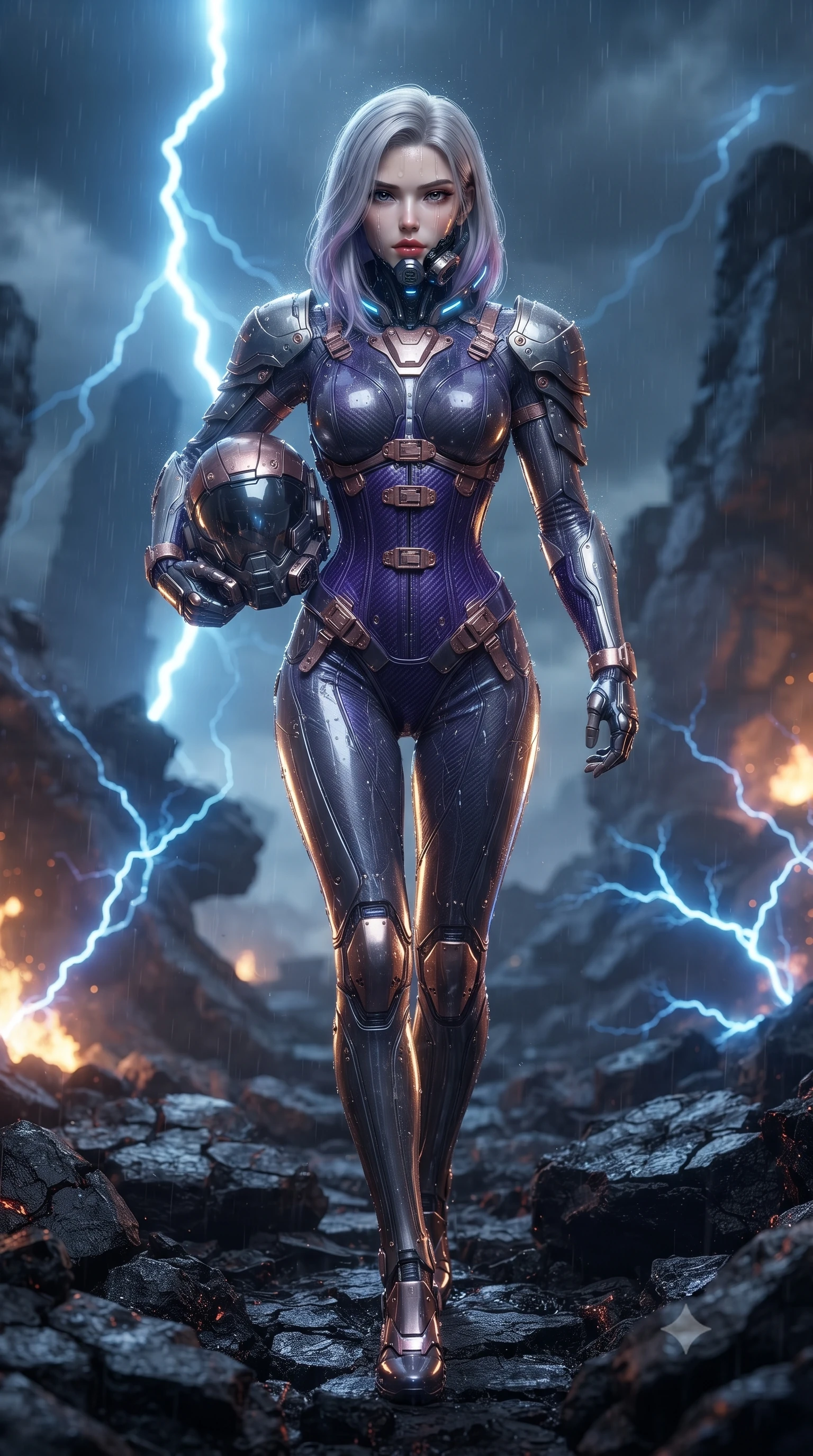 score_9, masterpiece, best quality, ultra-detailed, high-budget anime keyframe, editorial fashion photography, tasteful artistic composition, Caucasian woman. low angle full-body shot from head to toe showing her feet, filling the entire 9:16 vertical frame with her statuesque presence, stretching her vertical silhouette. striding forward with sovereign warrior elegance in a low, predatory combat advance through the ruins, hips swaying with fierce athletic poise while stepping forward through the blackened crater with rebreather unlatched on one side, revealing her glossy lips and sharp jawline. The surrounding environment is rendered in vivid detail and crisp panoramic clarity. sharp rebreather metallic mesh, glowing blue electrical discharge branches, and cracked crater rock in deep focus. She has an absolutely perfect, statuesque 8.5-heads proportion, an exceptionally tall and slender model-like female figure with impossibly long slender legs, a toned flat midriff, and an ultra-slim waist. sharp v-shaped jawline, high-bridge nose, intricate jewel-like eyes with depth, thick eyelashes, glossy lips with a natural sheen, fierce and resolute heroine expression, flawlessly proportioned anatomical accuracy, strict slender model proportions, natural body alignment, perfectly sculpted long slender limbs, ultra-slim waistline, clean dynamic posture without body distortion. holding a modular carbon battle-helmet under one arm, her flawless face and sculpted neck exposed to the rain with determined warrior focus, paired with a statuesque high-fashion cyber-warrior armor suit with platinum bevels, heavy articulated shoulder guards, and an ultra-slim waist-cinching corset in royal purple carbon fiber with distressed rose-gold hardware and buckles, crafted from semi-translucent cybernetic carbon-vinyl interwoven with glowing micro-filaments, featuring a sleek aerodynamic collar framed by subtle glowing cybernetic status LEDs, the sleek second-skin cut tightly hugging her graceful clavicle, narrow waist, and feminine curves with athletic precision. bathed in blinding blue EMP lightning flash backlighting and warm amber crater ember glow. ultra-reflective glossy finish, specular highlights, dark metallic sheen, high-contrast stereoscopic depth, volumetric dynamic lighting, 2k, ultra detail, master piece, 9:16 ratio