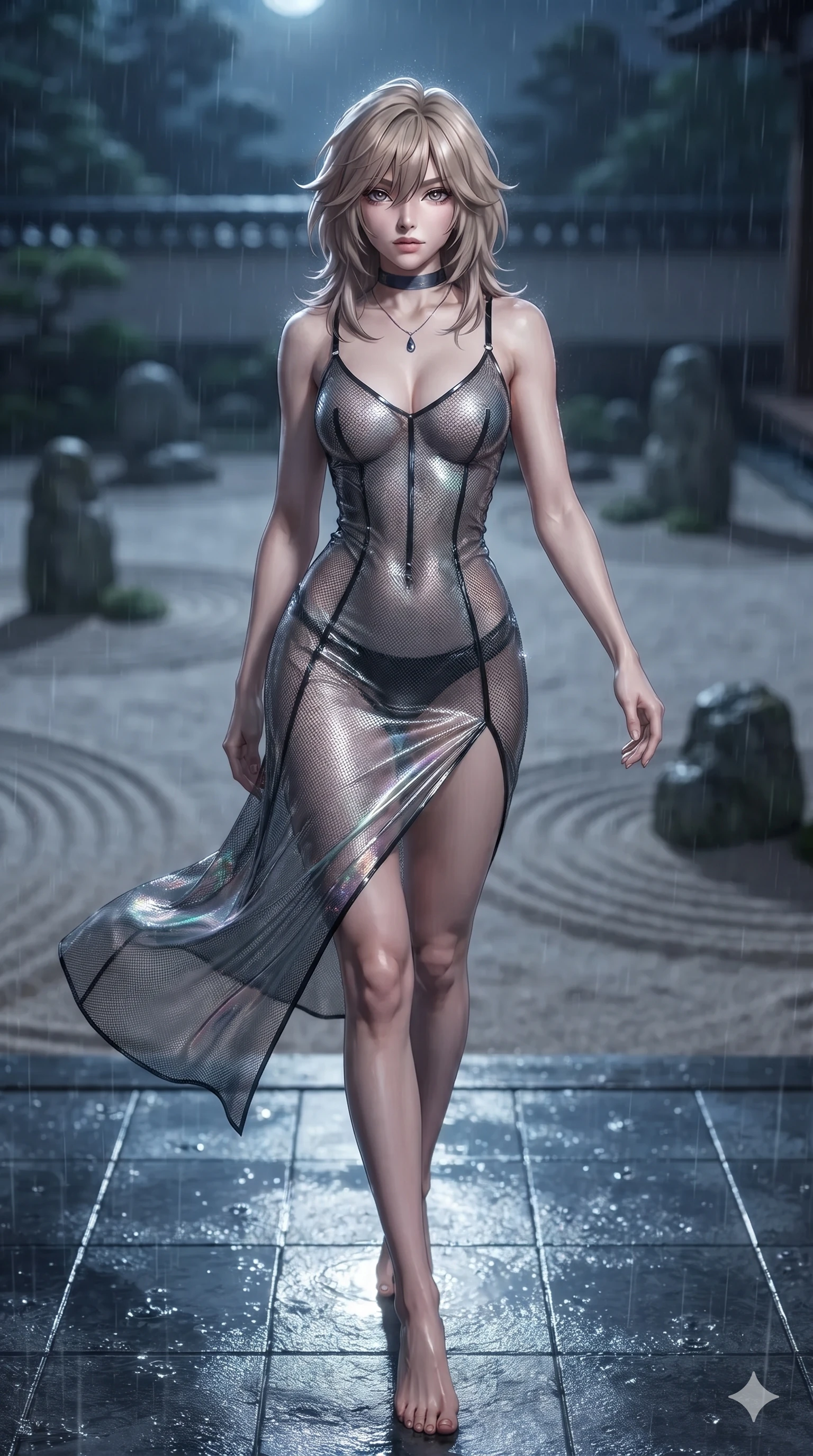 score_9, masterpiece, best quality, ultra-detailed, high-budget anime keyframe, editorial fashion photography, tasteful artistic composition, Japanese woman. low angle full-body shot from head to toe showing her feet, filling the entire 9:16 vertical frame with her statuesque presence, stretching her vertical silhouette. striding across the rain-swept glass terrace, nocturnal breezes whipping her garments open to accentuate her long slender legs and curvy hips while twisting her slender torso in an alluring contrapposto stance, cool full-moon beams tracing her flat midriff and curvy hips. The background shows a soft-focus monastic zen dry garden at midnight softened in contemplative shallow focus. She has an absolutely perfect, statuesque 8.5-heads proportion, an exceptionally tall and slender model-like female figure with impossibly long slender legs, an ultra-slim waist, a flat toned midriff, narrow delicate ribcage, and beautifully sculpted feminine hips creating a graceful, slim hourglass silhouette without any bulky heaviness. sharp v-shaped jawline, high-bridge nose, intricate jewel-like dark sparkling eyes with hypnotic seductive depth, thick curled eyelashes, glossy parted lips with a natural wine sheen, alluring bedroom-eyes with an enigmatic smoldering smile, exuding magnetic sovereign charisma and dark avant-garde glamour, flawlessly proportioned anatomical accuracy, strict slender model proportions, natural body alignment, perfectly sculpted long slender limbs, ultra-slim waistline, clean dynamic posture without body distortion. wearing a translucent iridescent micro-mesh corset dress with wet-look second-skin cling tracing her feminine curves in metallic liquid silver and pitch black, featuring fine criss-cross satin back lacing tracing her slender spine, finished with a minimalist dark choker and a single teardrop pendant, the liquid-tight tailored fabric clinging flawlessly to her narrow waist and rounded feminine hips, emphasizing every millimeter of her sculpted slim hourglass curves without any bulky heaviness. illuminated by moonlit sand ripple bounce and sharp silver-topaz rim lights defining her razor-sharp jawline, narrow waist, and curvy hips. ultra-reflective glossy finish, specular highlights, metallic sheen, high-contrast stereoscopic depth, volumetric dynamic lighting, 2k, ultra detail, master piece, 9:16 ratio
