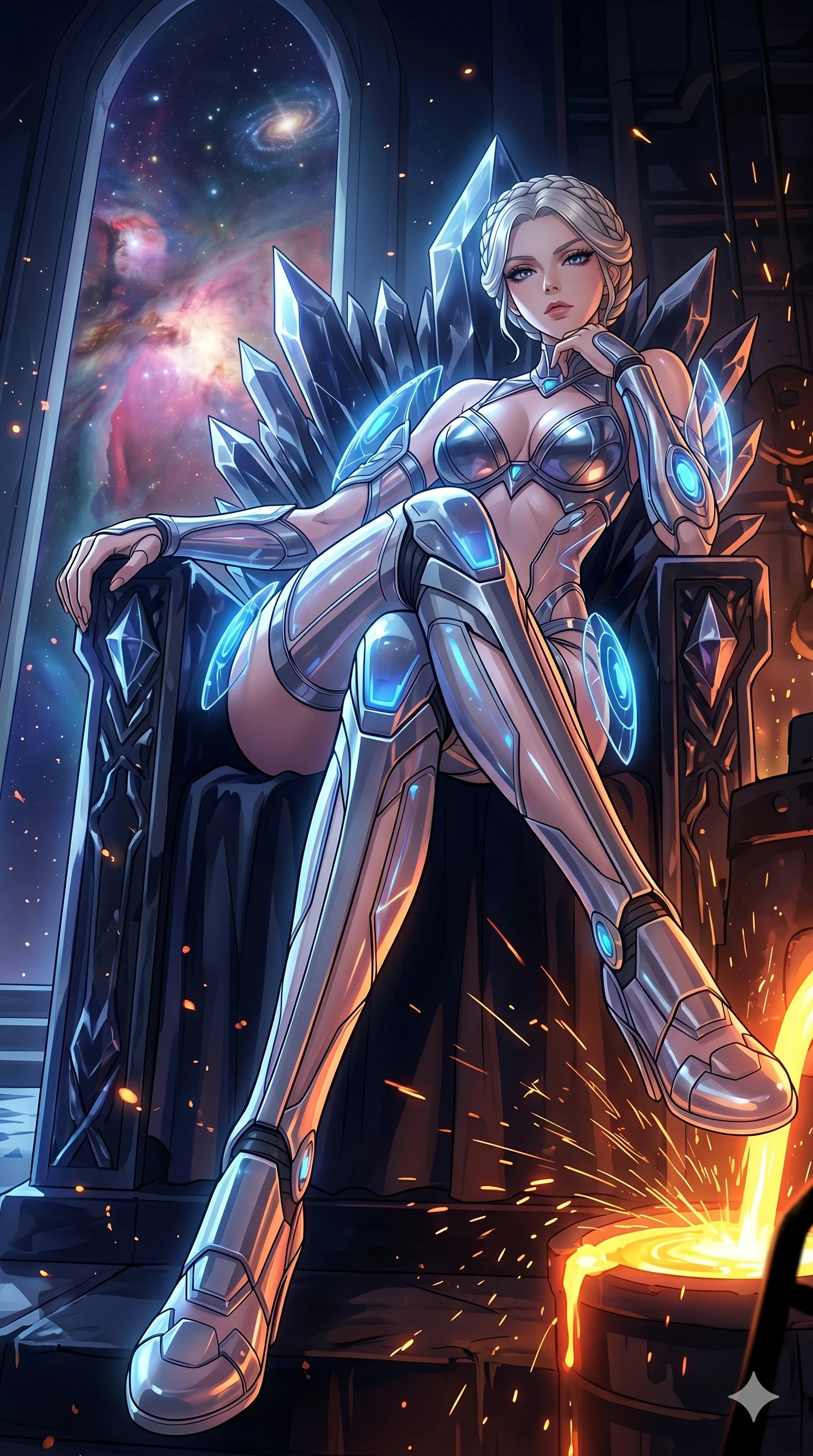score_9, masterpiece, best quality, ultra-detailed, High-budget Anime Keyframe, vibrant colors, fluid line-art, expressive lighting, cinematic composition, Ufotable-style visual effects, top-tier animation quality, Caucasian woman with pale skin, blonde hair, and (strictly human ears). Cinematic low angle perspective showcasing her towering height and perfect 8-heads proportion. Reclining on a throne of crystalline obsidian within a cosmic palace that overlooks a swirling nebula and distant star systems. She has an absolutely perfect 8-heads proportion, an exceptionally tall and slender female figure with impossibly long slender legs and an ultra-slim waist, her statuesque height and towering silhouette dominating the vertical 9:16 frame. Her face is a masterpiece featuring a sharp v-shaped jawline, high-bridge nose, intricate jewel-like eyes with depth, thick eyelashes, and glossy lips with a natural sheen. She is wearing a Metallic armor-bikini with sharp, aggressive edges and integrated energy-shield generators crafted from Transparent PVC with a high-gloss finish that reveals the intricate layers beneath, unzipped deeply to reveal a daring glimpse of her chest and a high-cut leg line. The scene is set in a gritty industrial factory with glowing molten metal, flying sparks, and deep shadows, illuminated by cinematic lighting with dramatic rim light that highlights her slender silhouette. 2k, ultra detail, master piece, 9:16 ratio