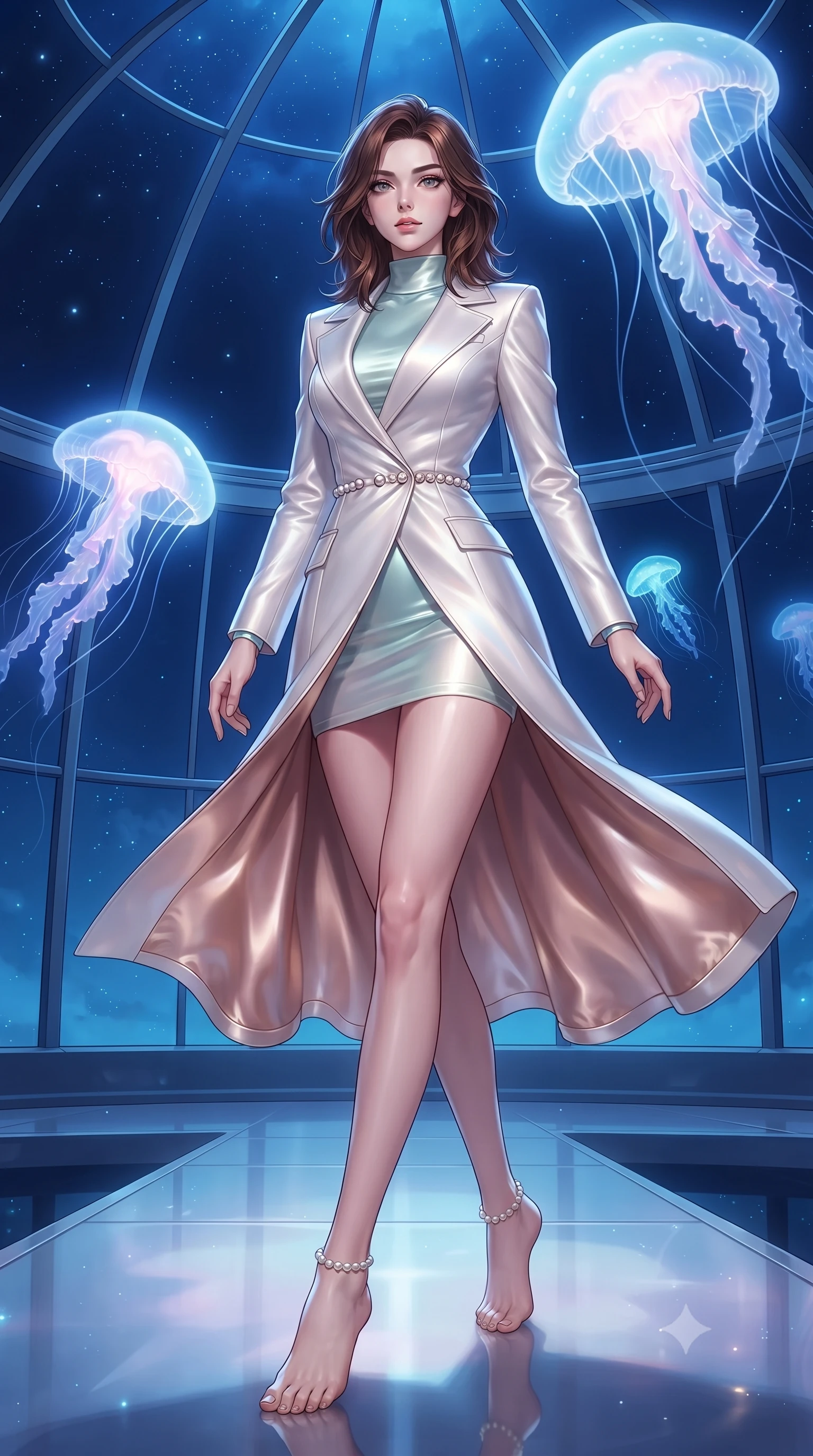 score_9, masterpiece, best quality, ultra-detailed, high-budget anime keyframe, editorial fashion photography, tasteful artistic composition, Korean woman. low angle full-body shot from head to toe showing her feet, filling the entire 9:16 vertical frame with her statuesque presence, stretching her vertical silhouette. stepping gracefully through the radiant environment, stretching her statuesque silhouette, navigating a glass-walled celestial dome as giant bioluminescent opal jellyfish drift overhead, dramatic contrast of luminous pastel creatures against a serene deep blue background. She has an absolutely perfect, statuesque 8.5-heads proportion, an exceptionally tall and slender model-like female figure with impossibly long slender legs and an ultra-slim waist. sharp v-shaped jawline, high-bridge nose, intricate jewel-like eyes with depth, thick eyelashes, glossy lips with a natural sheen. wearing structured pearl-white trench dress over sleek turtleneck in pale opal seafoam, made of soft rose-gold satin, adorned with minimalist pearl hardware framing the waistline, sculpting her athletic slender build with refined precision. illuminated by soft opal bioluminescence and radiant pastel inner glow. ultra-reflective glossy finish, specular highlights, metallic sheen, high-contrast stereoscopic depth, volumetric dynamic lighting, 2k, ultra detail, master piece, 9:16 ratio