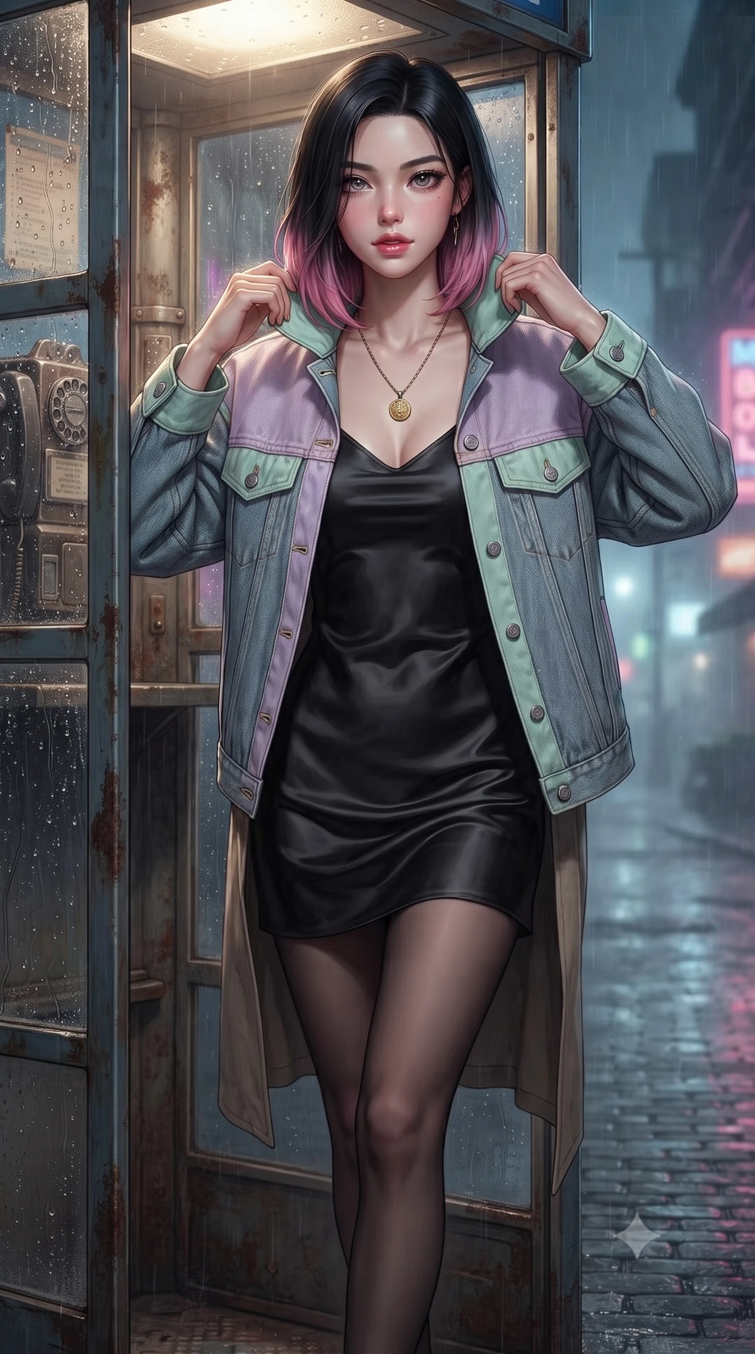 score_9, masterpiece, best quality, ultra-detailed, high-budget anime keyframe, editorial fashion photography, tasteful artistic composition, Korean woman. close-up cowboy shot from the waist and thighs up, the character dominates the composition, filling the frame with her large presence. leaning forward with playful, captivating grace, her sculpted collarbones and slender neckline highlighted by directional light while stepping out of the retro phone booth into the misty night street, pulling her trench coat collar up with effortless cool. The surrounding environment is rendered in vivid detail and crisp panoramic clarity. crisp water droplet tracks on glass, rotary dial telephone textures, and weathered metal booth frames in deep focus. She has an exceptionally elegant, slender, and willowy female figure with an ultra-slim waist, a gracefully sculpted slender torso, toned flat midriff, and a refined slim silhouette. sharp v-shaped jawline, high-bridge nose, intricate jewel-like eyes with depth, thick eyelashes, glossy lips with a natural sheen, captivating and magnetic expression, flawlessly proportioned anatomical accuracy, strict slender model proportions, natural body alignment, perfectly sculpted long slender limbs, ultra-slim waistline, clean dynamic posture without body distortion. wearing a romantic 90s silk satin slip dress layered under an unbuttoned vintage oversized denim jacket in pastel lilac and mint green, tailored from fine British wool tweed and comfortable stretch cotton, accented with a vintage gold coin pendant necklace and dark sheer tights, the form-contouring material adhering flawlessly to her sculpted flat midriff and slender torso, emphasizing her long leg lines and perfectly proportioned willowy build. illuminated by soft glowing highlights defining her delicate features, glossy lips, and slender torso. ultra-reflective glossy finish, specular highlights, rich textural contrasts, high-contrast stereoscopic depth, volumetric dynamic lighting, 2k, ultra detail, master piece, 9:16 ratio