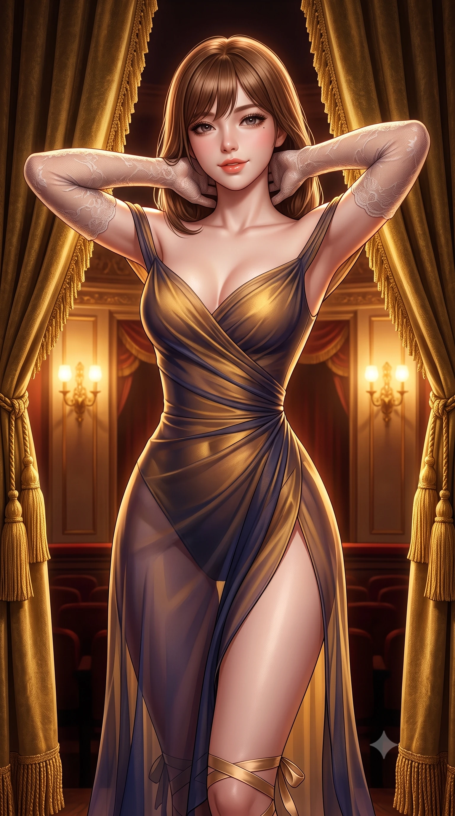 score_9, masterpiece, best quality, ultra-detailed, high-budget anime keyframe, semi-realistic 3D game render, editorial fashion photography, tasteful artistic composition, Korean woman. close-up cowboy shot from the waist and thighs up, the character dominates the composition, filling the frame with her large presence. resting both hands lightly behind her neck with elbows raised, arching her spine to highlight her narrow waist, flat midriff, and breathtaking collarbones while twisting her slender torso in an alluring S-curve, heavy gold-tasseled velvet drapes framing her form-fitting ballet bodice and curvy hips. The surrounding environment is rendered in vivid detail and crisp panoramic clarity: detailed sheer ballet wrap skirt, satin ribbon ankle ties, and opulent theater craftsmanship in razor-sharp resolution. She has an exceptionally elegant, slender, and willowy female figure with an ultra-slim waist, flat toned midriff, narrow ribcage, and sculpted feminine hips creating an alluring, slim hourglass silhouette without bulk. sharp v-shaped jawline, high-bridge nose, sparkling eyes with hypnotic seductive depth, thick curled eyelashes, glossy parted lips with a natural dewy peach sheen, alluring bedroom-eyes with an enchanting coquettish smile, exuding magnetic siren charisma and sophisticated glamour, flawlessly proportioned anatomical accuracy, strict slender model proportions, natural body alignment, perfectly sculpted long slender limbs, ultra-slim waistline, clean dynamic posture without body distortion. wearing a delicate sheer gossamer chiffon ballet wrap dress slipping off bare shoulders with a daring hip-high leg slit in molten liquid gold and midnight indigo, crafted from second-skin technical compression fabric with moisture-wicking stretch, complemented by sheer opera-length lace evening gloves tracing her slender arms, the liquid-tight tailored fabric clinging flawlessly to her narrow waist and rounded feminine hips, emphasizing every millimeter of her sculpted slim hourglass curves without any bulky heaviness. bathed in warm amber light spilling from gilded sconces mixed with stage illumination bounce. highly saturated vibrant anime colors, detailed shading with soft gradients, rich glossy textures, high-contrast stereoscopic depth, volumetric dynamic lighting, master piece, 9:16 ratio