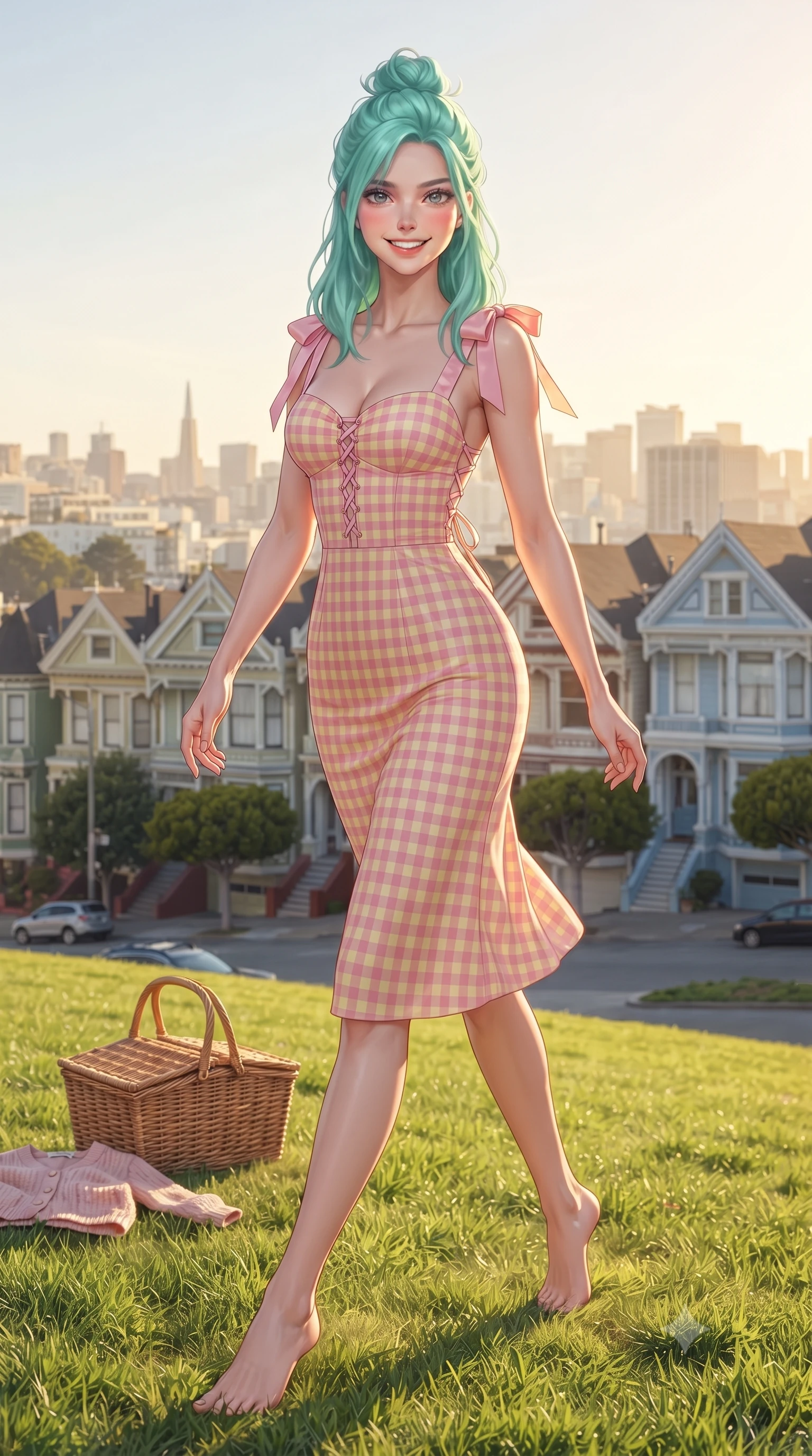 score_9, masterpiece, best quality, ultra-detailed, high-budget anime keyframe, editorial fashion photography, tasteful artistic composition, Japanese woman. low angle full-body shot from head to toe showing her feet, filling the entire 9:16 vertical frame with her statuesque presence, stretching her vertical silhouette. stepping forward gracefully in mid-motion with a radiant beaming smile, hips swaying in an alluring kinetic rhythm that accentuates her curvy hourglass silhouette and long slender legs while sitting on a sunlit green grass slope with a wicker picnic basket, arching her lower back with a bright cheerful smile as pastel Painted Ladies Victorians line the view. The surrounding environment is rendered in vivid detail and crisp panoramic clarity. detailed knit cardigan texture, golden sun glints on skin, and San Francisco city skyline clarity in high resolution. She has an exceptionally tall and slender model-like 8.5-heads proportion, an ultra-slim waist, a flat toned midriff, narrow delicate ribcage, and beautifully sculpted feminine hips creating a graceful, slim hourglass silhouette without any bulky heaviness, with impossibly long slender legs. sharp v-shaped jawline, high-bridge nose, intricate jewel-like sparkling eyes with depth, thick eyelashes, glossy parted lips with a natural peach sheen, bright cheerful beaming smile with an enchanting and coquettish sensual glint, exuding both youthful cute charm and seductive allure, flawlessly proportioned anatomical accuracy, strict slender model proportions, natural body alignment, perfectly sculpted long slender limbs, ultra-slim waistline, clean dynamic posture without body distortion. wearing a backless lace-up gingham sundress with a form-fitting bodice and hip-defining silhouette in sweet strawberry milk pink and butter yellow, woven from layered gossamer organza with weightless flutter, finished with cute satin bow ribbons tying at the shoulders, the form-contouring cut accentuating her sculpted flat midriff, narrow delicate ribcage, and gracefully curvy hips with supermodel precision. illuminated by warm grass lawn bounce light contouring her sculpted collarbones, ultra-slim waist, and curvy hips. ultra-reflective glossy finish, specular highlights, rich textural contrasts, high-contrast stereoscopic depth, volumetric dynamic lighting, 2k, ultra detail, master piece, 9:16 ratio