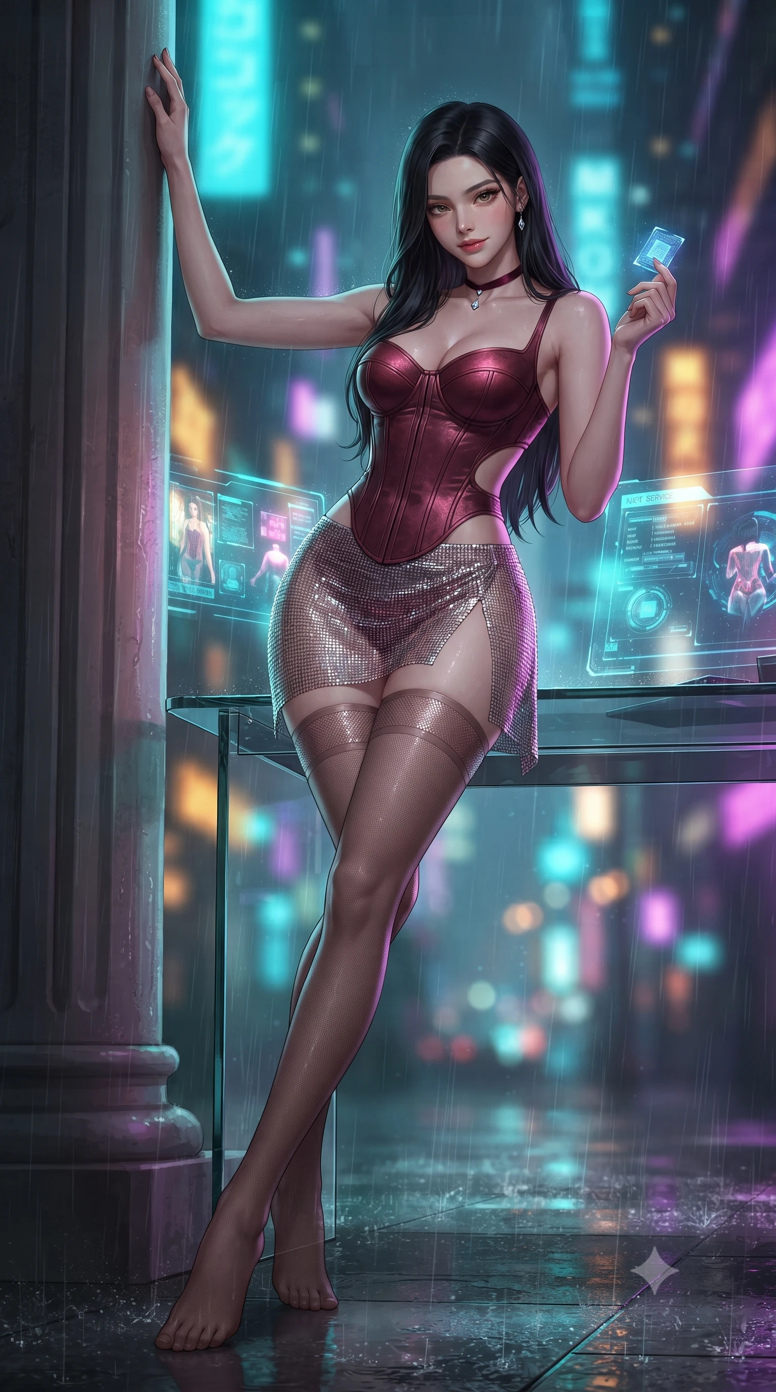 score_9, masterpiece, best quality, ultra-detailed, high-budget anime keyframe, editorial fashion photography, tasteful artistic composition, Korean woman. low angle full-body shot from head to toe showing her feet, filling the entire 9:16 vertical frame with her statuesque presence, stretching her vertical silhouette. standing tall beside the architectural column, one hand resting high while arching her lower back to emphasize her sculpted feminine hips and slender waist while perched sideways on the glass desk with one leg extended, toying with a holographic interface chip with smoldering bedroom-eyes. The background shows a soft-focus translucent holographic tactical data maps, endless rainy neon skyscrapers, and flying transport trails blurred into cyan, amber, and violet bokeh. She has an absolutely perfect, statuesque 8.5-heads proportion, an exceptionally tall and slender model-like female figure with impossibly long slender legs, an ultra-slim waist, a flat toned midriff, narrow delicate ribcage, and beautifully sculpted feminine hips creating a graceful, slim hourglass silhouette without any bulky heaviness. sharp v-shaped jawline, high-bridge nose, sparkling eyes with hypnotic seductive depth, thick curled eyelashes, glossy parted lips with a natural dewy peach sheen, alluring bedroom-eyes with an enchanting coquettish smile, exuding magnetic siren charisma and sophisticated glamour, flawlessly proportioned anatomical accuracy, strict slender model proportions, natural body alignment, perfectly sculpted long slender limbs, ultra-slim waistline, clean dynamic posture without body distortion. wearing a structured boned leatherette corset bodice paired with an ultra-short micro-wrap mini skirt and sheer thigh-high stockings in smoldering crimson wine and deep rose-gold, crafted from shimmering fluid chainmail mesh reflecting ambient lights, finished with a thin velvet ribbon choker and a single teardrop diamond pendant, the precision-cut side openings and low-back scoop framing her graceful spine and the sensual sweep of her slim, toned hips. bathed in moody chiaroscuro lighting spilling from glowing holographic displays and exterior city neon. ultra-reflective glossy finish, specular highlights, rich textural contrasts, high-contrast stereoscopic depth, volumetric dynamic lighting, 2k, ultra detail, master piece, 9:16 ratio