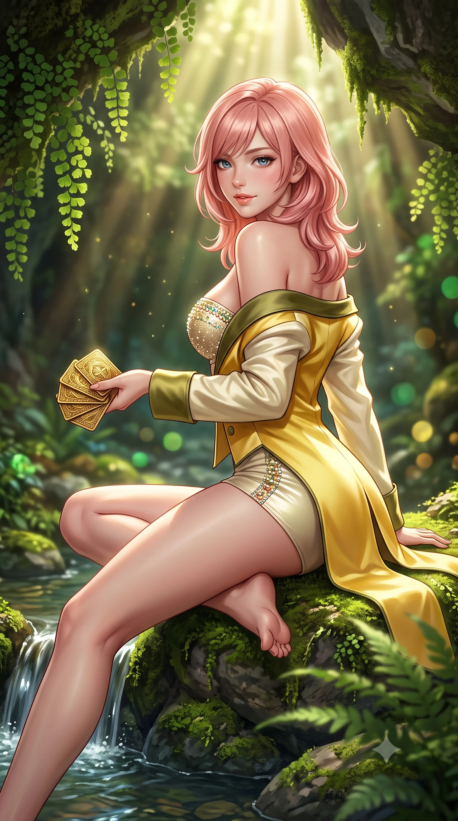 score_9, masterpiece, best quality, ultra-detailed, high-budget anime keyframe, semi-realistic 3D game render, editorial fashion photography, tasteful artistic composition, Japanese woman. close-up cowboy shot from the waist and thighs up, the character dominates the composition, filling the frame with her large presence. posing in an alluring rear three-quarter angle, looking over a bare shoulder with parted glossy lips, her hips cocked back to highlight her slim hourglass curve while sitting on a moss-covered boulder beside a trickling spring with legs extended, displaying her long slender limbs with effortless nymph grace. The background shows a soft-focus cascading maidenhair ferns, mossy limestone overhangs, and visible golden sunbeams cutting through forest air blurred into emerald, olive, and gold bokeh. She has an exceptionally elegant, slender, and willowy female figure with an ultra-slim waist, flat toned midriff, narrow ribcage, and sculpted feminine hips creating an alluring, slim hourglass silhouette without bulk. sharp v-shaped jawline, high-bridge nose, sparkling eyes with hypnotic seductive depth, thick curled eyelashes, glossy parted lips with a natural dewy peach sheen, alluring bedroom-eyes with an enchanting coquettish smile, exuding magnetic siren charisma and sophisticated glamour, flawlessly proportioned anatomical accuracy, strict slender model proportions, natural body alignment, perfectly sculpted long slender limbs, ultra-slim waistline, clean dynamic posture without body distortion. wearing a tailored open-front smoking jacket worn over a jewel-embellished bandeau top and micro-shorts in sunlit daisy yellow and gardenia cream with olive accents, crafted from fluid liquid silk satin that clings smoothly to every curve with a dewy sheen, accented with a stack of engraved gold casino plaques held loosely in one hand, the form-contouring silhouette accentuating her sculpted flat midriff, narrow delicate ribcage, and gracefully curvy hips with intoxicating allure. bathed in dramatic angled shafts of pure morning sunlight (god rays) penetrating the sunken cavern opening. highly saturated vibrant anime colors, detailed shading with soft gradients, rich glossy textures, high-contrast stereoscopic depth, volumetric dynamic lighting, master piece, 9:16 ratio