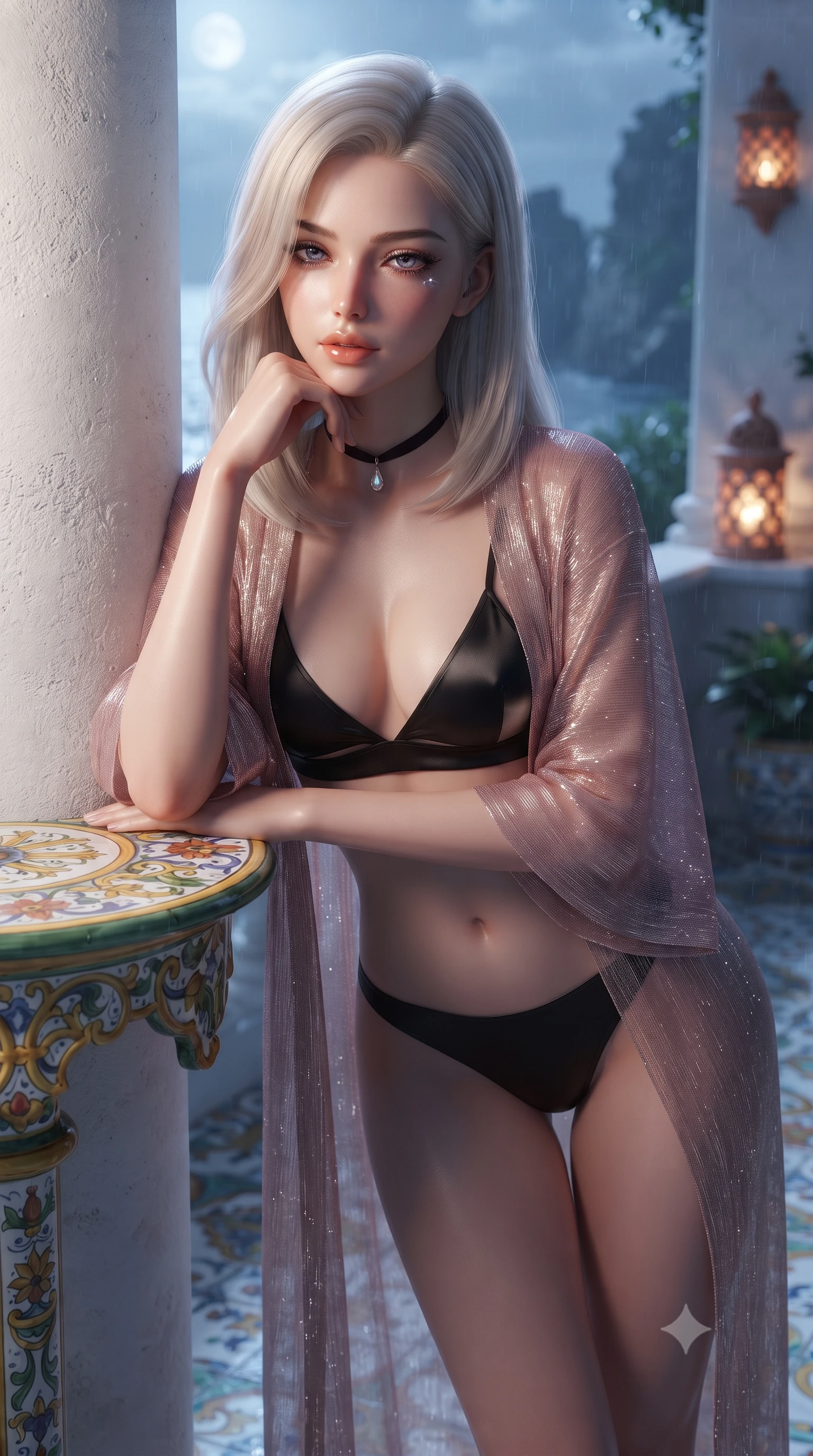 score_9, masterpiece, best quality, ultra-detailed, high-budget anime keyframe, editorial fashion photography, tasteful artistic composition, Caucasian woman. close-up cowboy shot from the waist and thighs up, the character dominates the composition, filling the frame with her large presence. resting one elbow on the table and supporting her chin, leaning close to the camera with heavy-lidded sparkling eyes and parted lips while leaning against the classical whitewashed Doric column with hips cocked back, casting an intoxicating smoldering bedroom-gaze over the midnight sea. The surrounding environment is rendered in vivid detail and crisp panoramic clarity: sharp hand-painted Majolica floor tile patterns, whitewashed column stucco textures, and sea mist droplets in deep focus. She has an exceptionally elegant, slender, and willowy female figure with an ultra-slim waist, flat toned midriff, narrow ribcage, and sculpted feminine hips creating an alluring, slim hourglass silhouette without bulk. sharp v-shaped jawline, high-bridge nose, intricate jewel-like sparkling eyes with depth, thick eyelashes, glossy parted lips with a natural peach sheen, bright cheerful beaming smile with an enchanting and coquettish sensual glint, exuding both youthful cute charm and seductive allure, flawlessly proportioned anatomical accuracy, strict slender model proportions, natural body alignment, perfectly sculpted long slender limbs, ultra-slim waistline, clean dynamic posture without body distortion. wearing a provocative sheer metallic-threaded gossamer caftan worn wide open over a micro silk satin bralette and bikini briefs in Kyoto moonlit sakura blush and polished urushi black, made of sheer gossamer chiffon that drapes softly against skin with airy translucence, finished with a thin velvet ribbon choker and a single teardrop diamond pendant, the precision-cut side openings and low-back scoop framing her graceful spine and the sensual sweep of her slim, toned hips. bathed in the magical cool silver 4500K moonlight illuminating the sea stacks mixed with warm 2400K pierced terracotta lanterns. ultra-reflective glossy finish, specular highlights, rich textural contrasts, high-contrast stereoscopic depth, volumetric dynamic lighting, 2k, ultra detail, master piece, 9:16 ratio