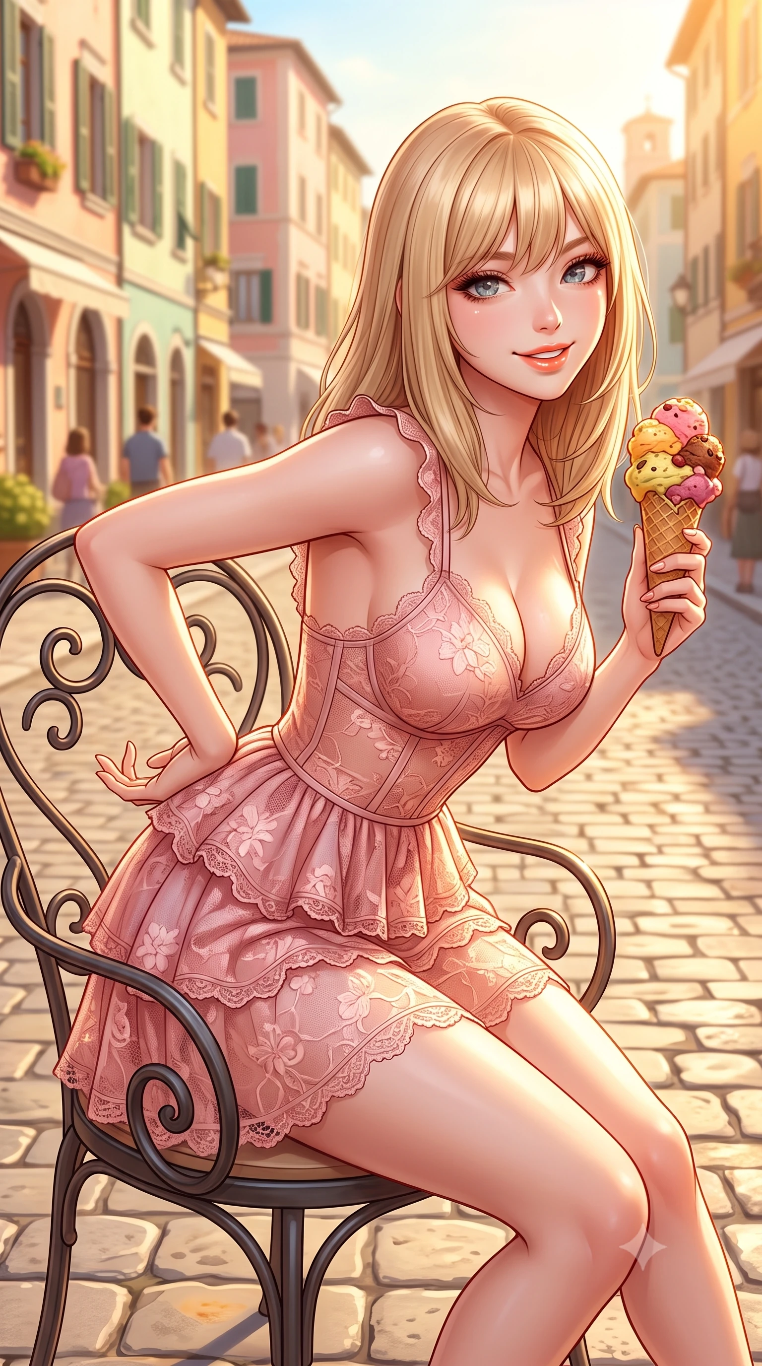 score_9, masterpiece, best quality, ultra-detailed, high-budget anime keyframe, semi-realistic 3D game render, editorial fashion photography, tasteful artistic composition, Japanese woman. close-up cowboy shot from the waist and thighs up, the character dominates the composition, filling the frame with her large presence. resting both hands lightly behind her back while leaning toward the lens with a cheerful, teasing grin, her form-fitting outfit hugging her narrow waist and feminine hip curve while sitting perched on a wrought-iron patio chair holding a colorful artisanal gelato cone, arching her back with a delightfully cute, playful smile. The surrounding environment is rendered in vivid detail and crisp panoramic clarity. sharp gelato cone texture, wrought-iron chair curls, and cobblestone paving stone seams in deep focus. She has an exceptionally elegant, slender, and willowy female figure with an ultra-slim waist, flat toned midriff, narrow ribcage, and sculpted feminine hips creating an alluring, slim hourglass silhouette without bulk. sharp v-shaped jawline, high-bridge nose, intricate jewel-like sparkling eyes with depth, thick eyelashes, glossy parted lips with a natural peach sheen, bright cheerful beaming smile with an enchanting and coquettish sensual glint, exuding both youthful cute charm and seductive allure, flawlessly proportioned anatomical accuracy, strict slender model proportions, natural body alignment, perfectly sculpted long slender limbs, ultra-slim waistline, clean dynamic posture without body distortion. wearing a tiered ruffled chiffon mini dress with a fitted corseted waist and open back in cherry blossom pink and soft rose gold, made of sheer contouring stretch lace with delicate floral patterns, finished with delicate lace scallop edging along the neckline, the liquid-tight tailored fabric clinging flawlessly to her narrow waist and rounded feminine hips, emphasizing every millimeter of her sculpted slim hourglass curves without any bulky heaviness. bathed in warm golden afternoon Italian sunlight reflecting off pastel building facades. highly saturated vibrant anime colors, detailed shading with soft gradients, rich glossy textures, high-contrast stereoscopic depth, volumetric dynamic lighting, master piece, 9:16 ratio