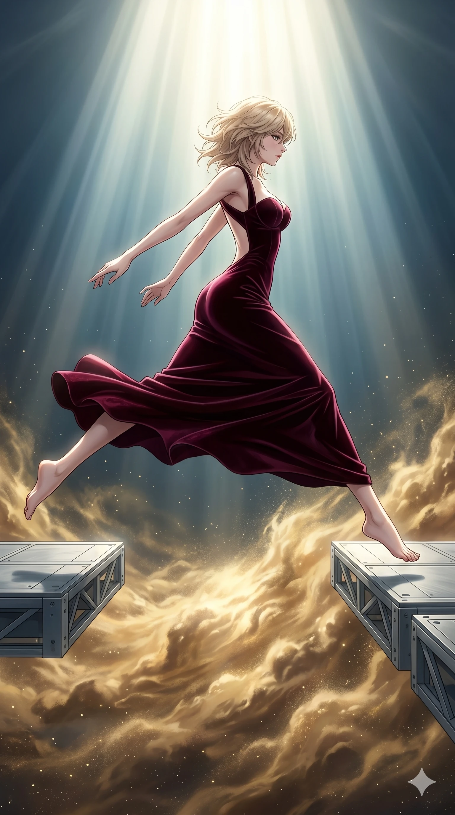 score_9, masterpiece, best quality, ultra-detailed, high-budget anime keyframe, editorial fashion photography, tasteful artistic composition, Japanese woman. low angle full-body shot from head to toe showing her feet, filling the entire 9:16 vertical frame with her statuesque presence, stretching her vertical silhouette. Leaping gracefully across a gap, her body fully extended in a horizontal line of motion on a floating steel platform above a swirling storm of golden space dust. She has an absolutely perfect 8-heads proportion, an exceptionally tall and slender female figure with impossibly long slender legs and an ultra-slim waist. V-shaped jawline, high-bridge nose, intricate jewel-like eyes with depth, thick eyelashes, glossy lips with a natural sheen. wearing a deep burgundy velvet column gown with a dramatic open-back and a structured sweetheart bodice. drenched in cinematic god-ray sunlight descending from above, illuminating her form with bright highlights. 2k, ultra detail, master piece, 9:16 ratio