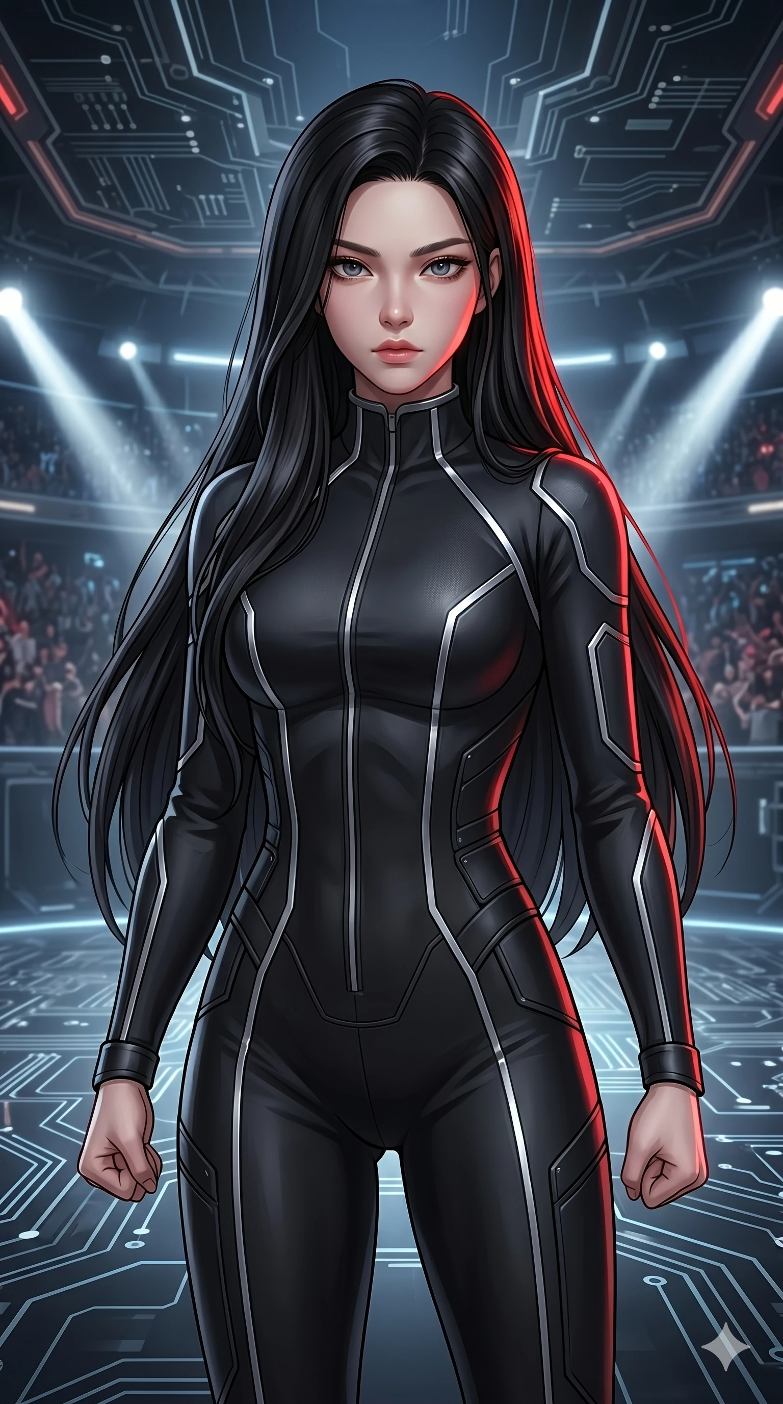 score_9, masterpiece, best quality, ultra-detailed, high-budget anime keyframe, Korean woman. Upper body close-up from the thighs up, character filling the screen for maximum presence. Inside a virtual reality arena, preparing for a match, clenched fists, looking toward the camera with a determined, serious look. She is wearing a stealth tech-jumpsuit with matte black panels and reflective silver piping. The scene is bathed in intense white spotlights and a sharp red rim light on her face. 2k, ultra detail, master piece, 9:16 ratio