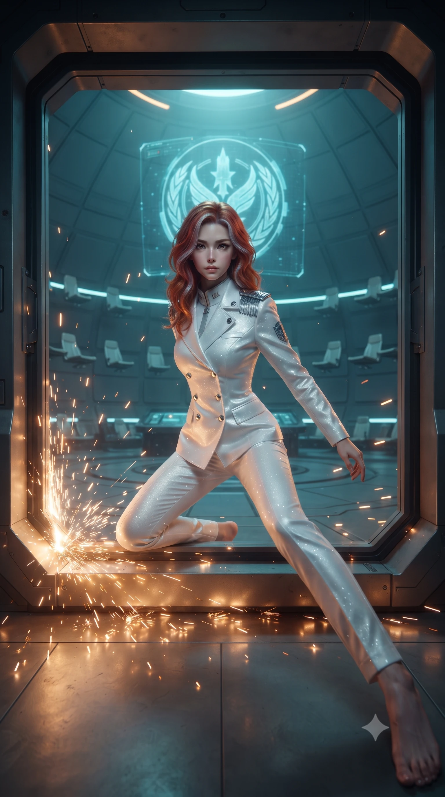 score_9, masterpiece, best quality, ultra-detailed, high-budget anime keyframe, editorial fashion photography, tasteful artistic composition, realistic cosplay photography, Caucasian woman, strictly human ears. low angle full-body shot from head to toe showing her feet, filling the entire 9:16 vertical frame with her statuesque presence, stretching her vertical silhouette. sliding underneath a closing blast door in a sleek combat stance with sparks flying around her inside a massive circular chamber with floating seats and a large central emblem projection in blue light. She has a statuesque 8.5-heads proportion, an exceptionally tall, slender and willowy model-like build with impossibly long legs and a highly sculpted ultra-slim waist. sharp v-shaped jawline, high-bridge nose, intricate jewel-like eyes with depth, thick eyelashes, glossy lips with a natural sheen. wearing catching and diffusing the glowing particles, shimmering softly in response to the surrounding light, a tailored pristine white orbital navy officer uniform featuring a structured double-breasted jacket with silver shoulder epaulets, a high collar, and matching slacks. warm amber rim lighting combined with cool teal fill light creating dramatic contrast. ultra-reflective glossy finish, specular highlights, metallic sheen, high-contrast stereoscopic depth, volumetric dynamic lighting, 2k, ultra detail, master piece, 9:16 ratio