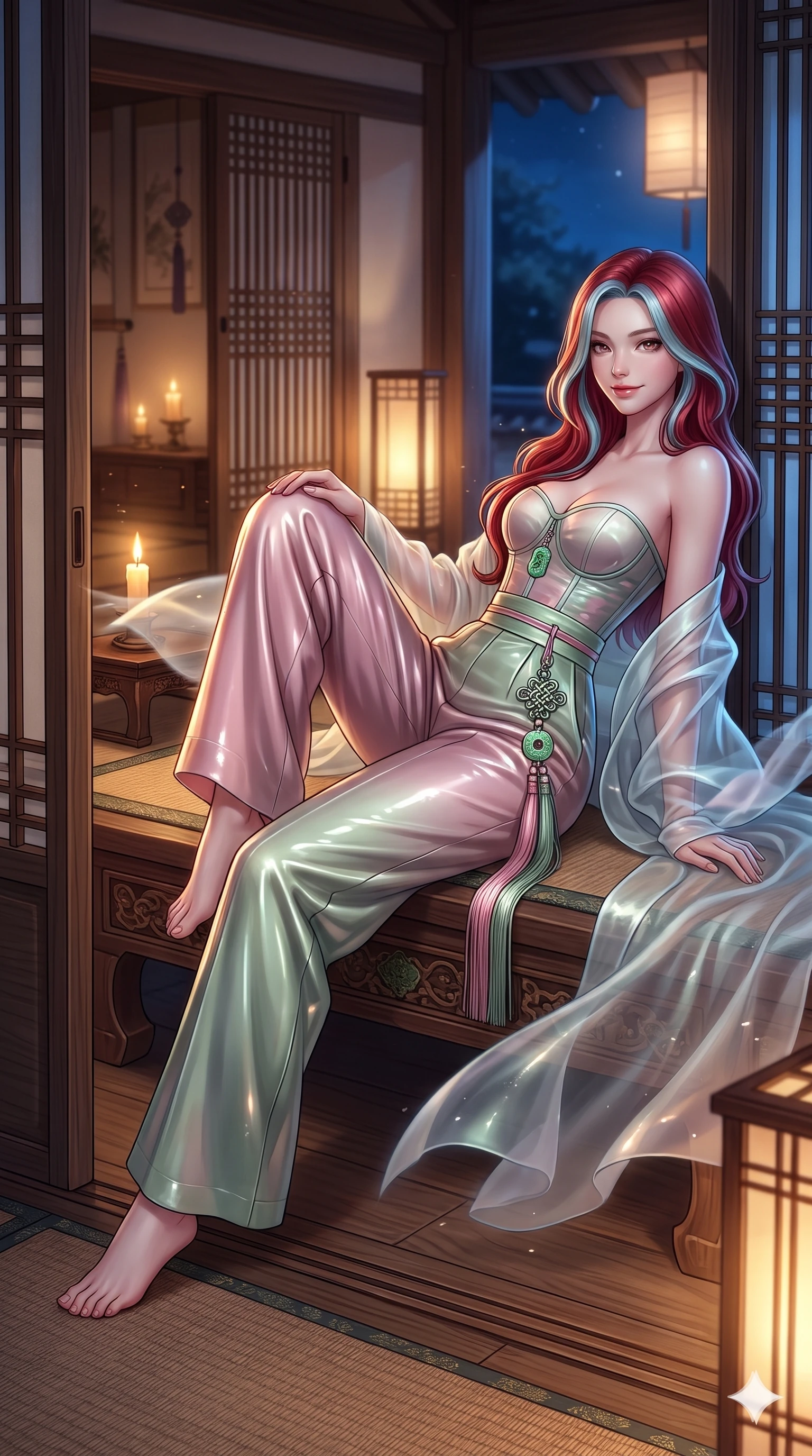 score_9, masterpiece, best quality, ultra-detailed, high-budget anime keyframe, semi-realistic 3D game render, editorial fashion photography, tasteful artistic composition, Caucasian woman. low angle full-body shot from head to toe showing her feet, filling the entire 9:16 vertical frame with her statuesque presence, stretching her vertical silhouette. reclining on her side in an elegant Cleopatra pose with one knee drawn up, the dramatic contour of her rounded hips and long slender legs commanding the 9:16 vertical frame while standing poised in the doorway opening, night breezes billowing her sheer silk garments open around her long slender legs. The background shows a soft-focus intimate Korean veranda room softened in warm candlelight shallow focus. She has an absolutely perfect, statuesque 8.5-heads proportion, an exceptionally tall and slender model-like female figure with impossibly long slender legs, an ultra-slim waist, a flat toned midriff, narrow delicate ribcage, and beautifully sculpted feminine hips creating a graceful, slim hourglass silhouette without any bulky heaviness. sharp v-shaped jawline, high-bridge nose, sparkling eyes with hypnotic seductive depth, thick curled eyelashes, glossy parted lips with a natural dewy peach sheen, alluring bedroom-eyes with an enchanting coquettish smile, exuding magnetic siren charisma and sophisticated glamour, flawlessly proportioned anatomical accuracy, strict slender model proportions, natural body alignment, perfectly sculpted long slender limbs, ultra-slim waistline, clean dynamic posture without body distortion. wearing a modern strapless boned hanbok bustier with traditional norigae tassel accents paired with high-waisted wide-leg silk trousers in soft lotus rose and morning dew sage green, crafted from wet-look high-gloss vinyl fabric with dazzling specular surface reflections, finished with authentic carved jade pendants and traditional norigae knots, the form-contouring silhouette accentuating her sculpted flat midriff, narrow delicate ribcage, and gracefully curvy hips with intoxicating allure. bathed in warm golden candlelight glowing from within the interior room mixed with cool moonlight fill. highly saturated vibrant anime colors, detailed shading with soft gradients, rich glossy textures, high-contrast stereoscopic depth, volumetric dynamic lighting, master piece, 9:16 ratio