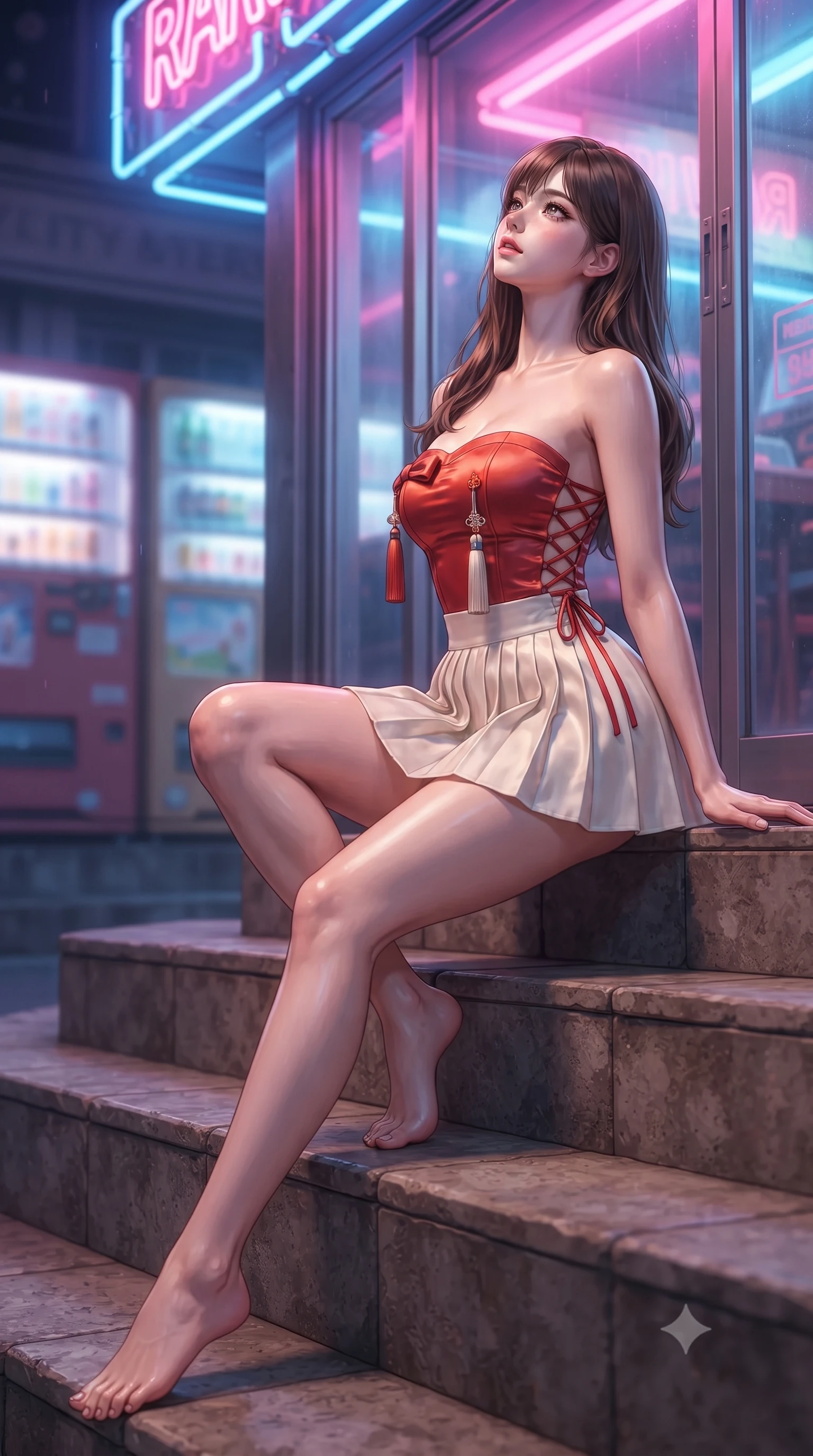 score_9, masterpiece, best quality, ultra-detailed, high-budget anime keyframe, editorial fashion photography, tasteful artistic composition, Korean woman. low angle full-body shot from head to toe showing her feet, filling the entire 9:16 vertical frame with her statuesque presence, stretching her vertical silhouette. sitting poised on the stone steps with one knee bent, arching her spine with supermodel elegance as she glances upward through thick eyelashes while leaning against the glowing glass storefront of a retro arcade, arching her lower back to accentuate her curvy hips with playful seduction. The background shows a soft-focus vending machine glows softened in nostalgic retro city shallow focus. She has an absolutely perfect, statuesque 8.5-heads proportion, an exceptionally tall and slender model-like female figure with impossibly long slender legs, an ultra-slim waist, a flat toned midriff, narrow delicate ribcage, and beautifully sculpted feminine hips creating a graceful, slim hourglass silhouette without any bulky heaviness. sharp v-shaped jawline, high-bridge nose, sparkling eyes with hypnotic seductive depth, thick curled eyelashes, glossy parted lips with a natural dewy peach sheen, alluring bedroom-eyes with an enchanting coquettish smile, exuding magnetic siren charisma and sophisticated glamour, flawlessly proportioned anatomical accuracy, strict slender model proportions, natural body alignment, perfectly sculpted long slender limbs, ultra-slim waistline, clean dynamic posture without body distortion. wearing a modern strapless boned hanbok bustier with traditional norigae tassel accents paired with a micro-pleated silk mini skirt in royal vermilion crimson and pale ivory silk, crafted from fluid liquid silk satin that clings smoothly to every curve with a dewy sheen, featuring fine criss-cross lace-up side ties revealing tantalizing glimpses of her hip curve, the glove-like clinging cut tightly following the natural contour of her hips and long slender legs with youthful 8.5-heads elegance. bathed in saturated neon pink and cobalt blue light spilling horizontally from arcade marquees. ultra-reflective glossy finish, specular highlights, rich textural contrasts, high-contrast stereoscopic depth, volumetric dynamic lighting, 2k, ultra detail, master piece, 9:16 ratio