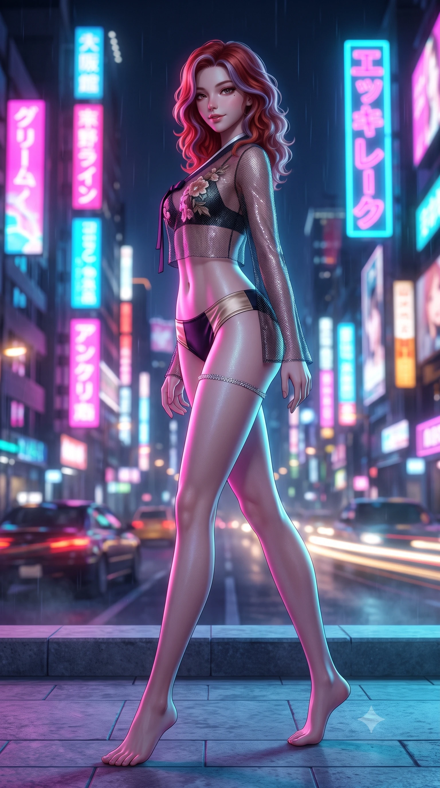 score_9, masterpiece, best quality, ultra-detailed, high-budget anime keyframe, semi-realistic 3D game render, editorial fashion photography, tasteful artistic composition, Caucasian woman. low angle full-body shot from head to toe showing her feet, filling the entire 9:16 vertical frame with her statuesque presence, stretching her vertical silhouette. walking along the moonlit terrace with poise, looking back over her bare shoulder with an irresistible smoldering bedroom-gaze while twisting her slender torso in an alluring S-curve, neon billboards casting vibrant magenta and cyan streaks across her narrow waist and hips. The background shows a soft-focus speeding car light trails, towering neon skyscraper advertisements, and misty night rain blurred into electric fuchsia, cyan, and amber bokeh. She has an absolutely perfect, statuesque 8.5-heads proportion, an exceptionally tall and slender model-like female figure with impossibly long slender legs, an ultra-slim waist, a flat toned midriff, narrow delicate ribcage, and beautifully sculpted feminine hips creating a graceful, slim hourglass silhouette without any bulky heaviness. sharp v-shaped jawline, high-bridge nose, sparkling eyes with hypnotic seductive depth, thick curled eyelashes, glossy parted lips with a natural dewy peach sheen, alluring bedroom-eyes with an enchanting coquettish smile, exuding magnetic siren charisma and sophisticated glamour, flawlessly proportioned anatomical accuracy, strict slender model proportions, natural body alignment, perfectly sculpted long slender limbs, ultra-slim waistline, clean dynamic posture without body distortion. wearing a provocative sheer illusion mesh jeogori with strategic embroidered silk flowers over a micro-bralette and satin briefs in midnight obsidian black and shimmering liquid champagne gold, crafted from shimmering fluid chainmail mesh reflecting ambient neon lights, accented with a delicate crystal-encrusted thigh garter strap glinting under the lights, the form-contouring silhouette accentuating her sculpted flat midriff, narrow delicate ribcage, and gracefully curvy hips with intoxicating allure. bathed in dynamic dual-tone neon lighting spilling from towering Japanese billboard displays. highly saturated vibrant anime colors, detailed shading with soft gradients, rich glossy textures, high-contrast stereoscopic depth, volumetric dynamic lighting, master piece, 9:16 ratio