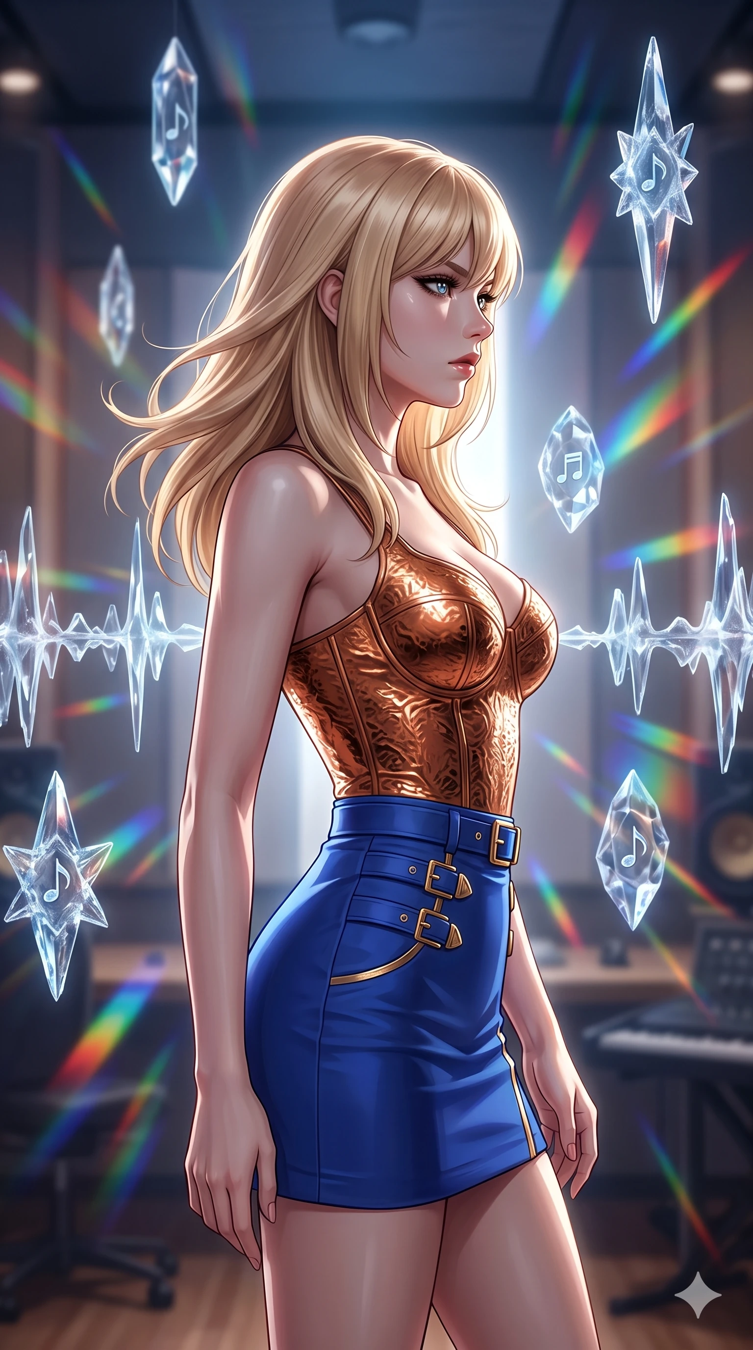 score_9, masterpiece, best quality, ultra-detailed, high-budget anime keyframe, editorial fashion photography, tasteful artistic composition, Japanese woman. close-up cowboy shot from the waist and thighs up, the character dominates the composition, filling the frame with her large presence, background elements kept in soft focus. Turning her face in sharp dramatic profile against the light. set against a soft-focus background of a music studio where powerful sound waves have frozen mid-propagation into crystalline structures in the air each transparent crystal formation humming with a different captured musical note. She has an exceptionally elegant and slender, willowy female figure with an ultra-slim waist, a gracefully sculpted slender torso, and a refined slim physique. sharp v-shaped jawline, high-bridge nose, intricate jewel-like eyes with depth, thick eyelashes, glossy lips with a natural sheen. wearing a fitted bustier top in metallic copper, paired with a matching high-waisted micro skirt in cobalt blue and gold buckles. clear white studio lighting with prismatic refractions through the sound-wave crystals casting musical-frequency-colored spectrums of light across the walls. 2k, ultra detail, master piece, 9:16 ratio