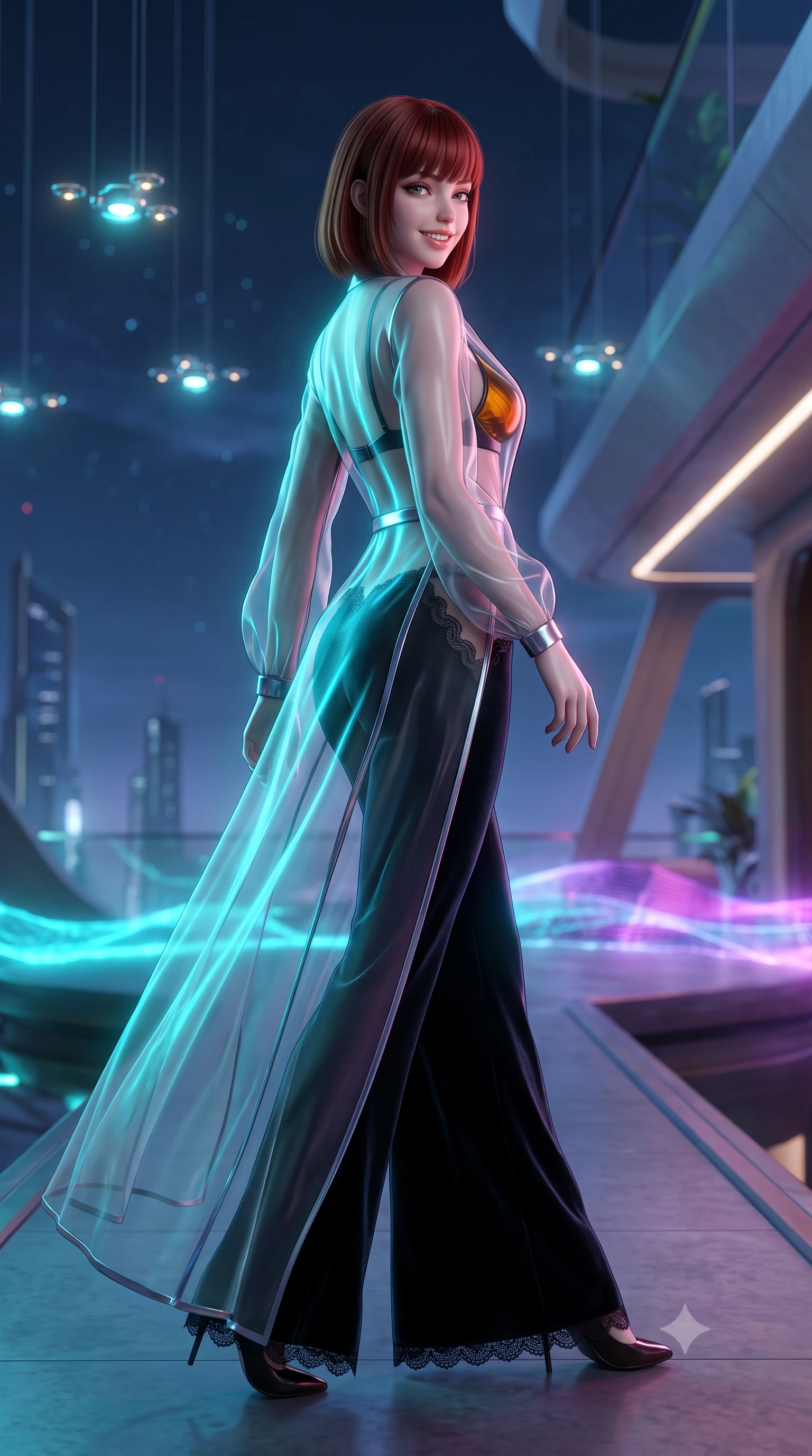 score_9, masterpiece, best quality, ultra-detailed, high-budget anime keyframe, semi-realistic 3D game render, editorial fashion photography, tasteful artistic composition, Caucasian woman. low angle full-body shot from head to toe showing her feet, filling the entire 9:16 vertical frame with her statuesque presence, stretching her vertical silhouette. walking along the terrace with poise, looking back over her bare shoulder with an irresistible smoldering bedroom-gaze while twisting her slender torso in an alluring contrapposto stance, shimmering cyan laser caustics and bioluminescent waves tracing her narrow waist and hips. The background shows a soft-focus suspended glowing micro-drone lights softened in futuristic solarium shallow focus. She has an exceptionally tall and slender model-like 8.5-heads proportion, an ultra-slim waist, a flat toned midriff, narrow delicate ribcage, and beautifully sculpted feminine hips creating a graceful, slim hourglass silhouette without any bulky heaviness, with impossibly long slender legs. sharp v-shaped jawline, high-bridge nose, intricate jewel-like sparkling eyes with depth, thick eyelashes, glossy parted lips with a natural peach sheen, bright cheerful beaming smile with an enchanting and coquettish sensual glint, exuding both youthful cute charm and seductive allure, flawlessly proportioned anatomical accuracy, strict slender model proportions, natural body alignment, perfectly sculpted long slender limbs, ultra-slim waistline, clean dynamic posture without body distortion. wearing a delicate sheer organza futuristic caftan with metallic chrome accents worn open over a micro liquid-metal bralette in Hakone steaming sulfur amber and volcanic basalt black, tailored from ultra-plush silk velvet with rich tactile depth and deep shadow gradients, finished with scalloped eyelash lace trim framing her sweetheart neckline with intimate elegance, the glove-like clinging cut tightly following the natural contour of her hips and long slender legs with youthful 8.5-heads elegance. bathed in the dramatic cyan-and-magenta ambient of holographic sea projections contrasted with cool starlight. highly saturated vibrant anime colors, detailed shading with soft gradients, rich glossy textures, high-contrast stereoscopic depth, volumetric dynamic lighting, master piece, 9:16 ratio