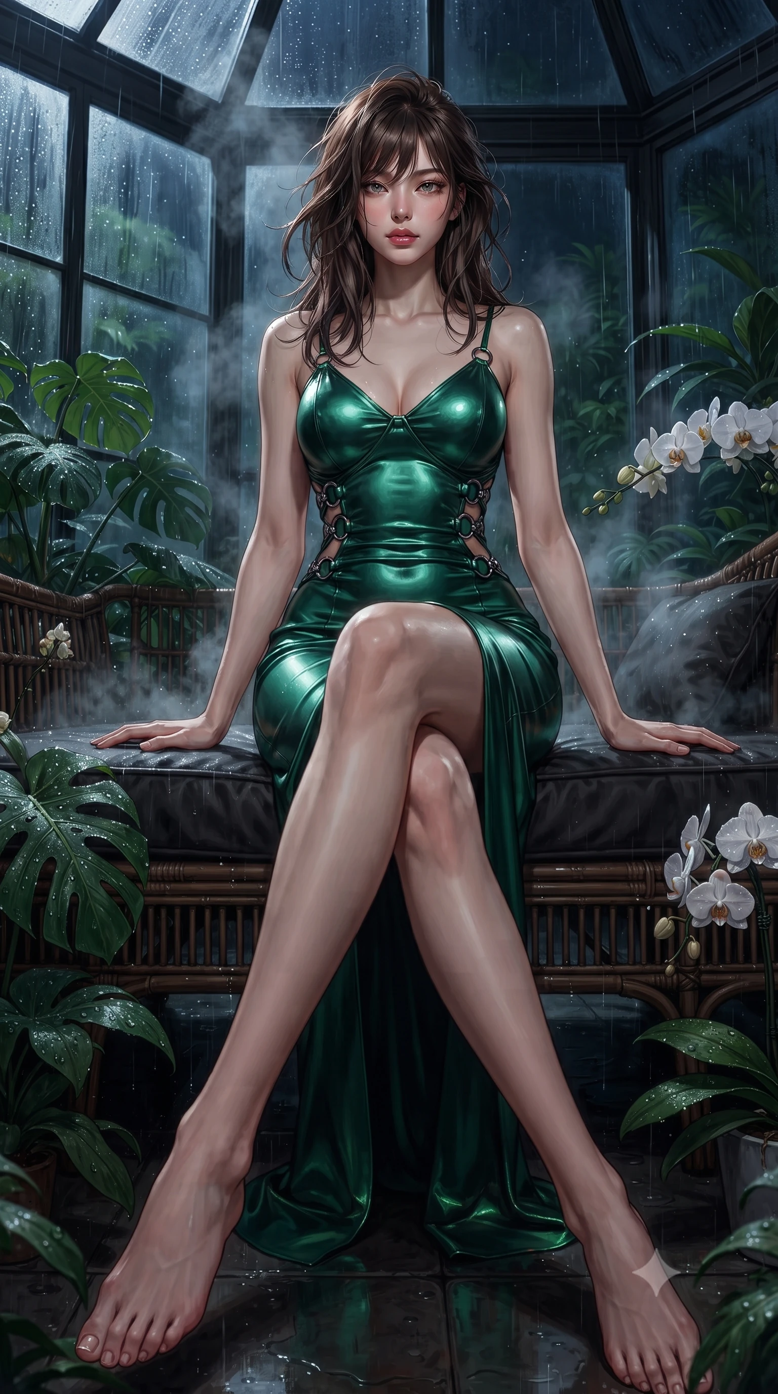 score_9, masterpiece, best quality, ultra-detailed, high-budget anime keyframe, editorial fashion photography, tasteful artistic composition, Korean woman. low angle full-body shot from head to toe showing her feet, filling the entire 9:16 vertical frame with her statuesque presence, stretching her vertical silhouette. forging confidently through the floating mist, holding a poised statuesque stance, resting on a dark rattan daybed surrounded by humid, dew-covered tropical flora, cool night atmosphere outside contrasting with warm humid interior steam. She has an absolutely perfect, statuesque 8.5-heads proportion, an exceptionally tall and slender model-like female figure with impossibly long slender legs and an ultra-slim waist. sharp v-shaped jawline, high-bridge nose, intricate jewel-like eyes with depth, thick eyelashes, glossy lips with a natural sheen. wearing form-contouring dark crimson liquid silk long slip dress in deep emerald green, made of liquid dark mercury jersey, trimmed with dark chrome ring hardware along the waist contours, highlighting her statuesque proportions and ultra-slim waistline. bathed in wet rain reflections and deep shadowy background contrast. ultra-reflective glossy finish, specular highlights, metallic sheen, high-contrast stereoscopic depth, volumetric dynamic lighting, 2k, ultra detail, master piece, 9:16 ratio