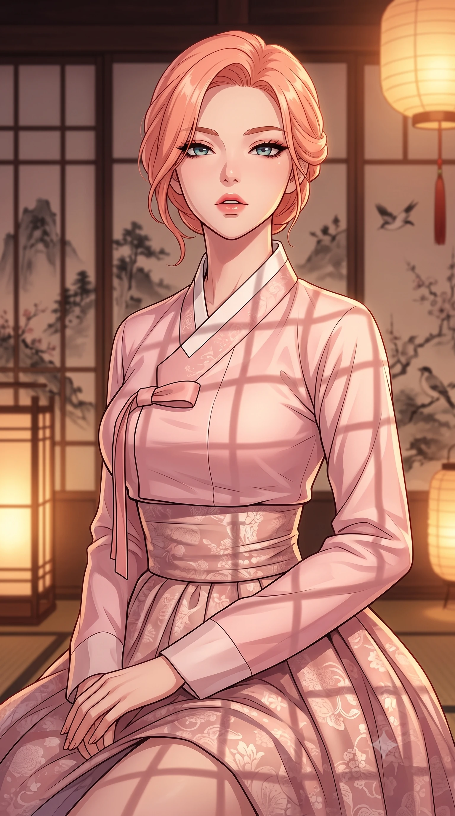 score_9, masterpiece, best quality, ultra-detailed, high-budget anime keyframe, tasteful artistic composition, Japanese woman. close-up cowboy shot from the waist and thighs up, the character dominates the composition, filling the frame with her large presence, background elements kept in soft focus. tilting her chin up slightly with lips parted in a composed, provocative expression the background shows a soft-focus a traditional paper screen bedroom decorated with delicate ink paintings. She has an exceptionally elegant, slender, and willowy female figure with an ultra-slim waist, a gracefully sculpted slender torso, and a refined silhouette. sharp v-shaped jawline, high-bridge nose, intricate jewel-like eyes with depth, thick eyelashes, glossy lips with a natural sheen. wearing a form-contouring modern fusion hanbok jeogori in light pink silk, paired with a high-waisted wrap skirt. warm paper lanterns casting soft, diffused grid-like shadow lines. highly saturated vibrant anime colors, cel-shading, 2d style, master piece, 9:16 ratio