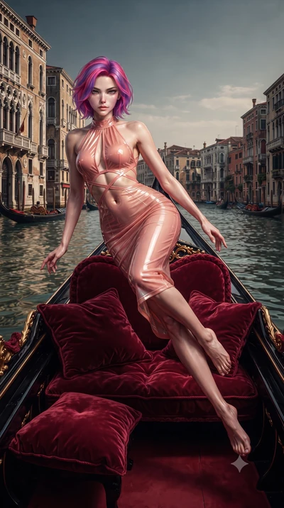 score_9, masterpiece, best quality, ultra-detailed, high-budget anime keyframe, editorial fashion photography, tasteful artistic composition, Caucasian woman. low angle full-body shot from head to toe showing her feet, filling the entire 9:16 vertica