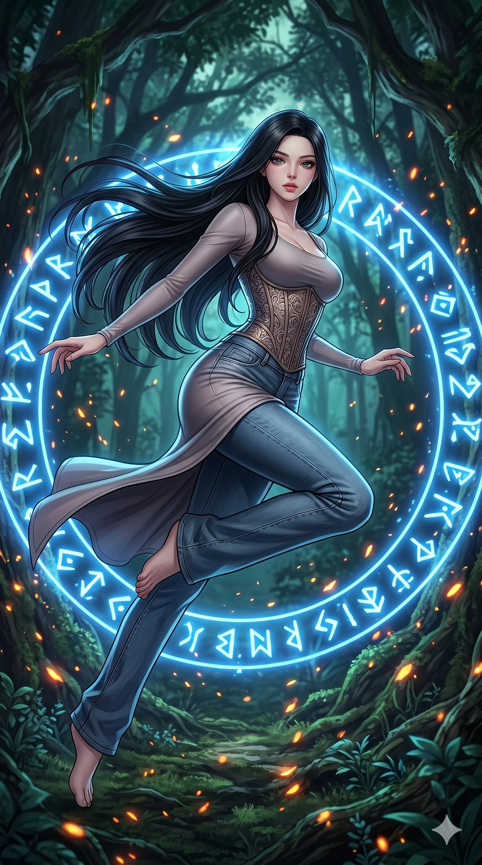 score_9, masterpiece, best quality, ultra-detailed, Set C: High-budget Anime Keyframe, Korean woman. Low angle cowboy shot filling the entire 9:16 frame with her statuesque presence. Leaping through a ring of glowing runes in an ancient forest. She has an absolutely perfect 8-heads proportion, an exceptionally tall and slender female figure with elegant long slender legs and an slender waist. Sharp v-shaped jawline, high-bridge nose, intricate jewel-like eyes with depth, thick eyelashes, glossy lips. Wearing an Urban Trendsetter outfit: elegant form-fitting dress with high-waist denim and ornate corset. Background is a bright and colorful dark forest with glowing blue runes and mystical embers. 2k, ultra detail, master piece, 9:16 ratio