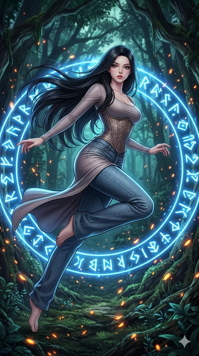 score_9, masterpiece, best quality, ultra-detailed, Set C: High-budget Anime Keyframe, Korean woman. Low angle cowboy shot filling the entire 9:16 frame with her statuesque presence. Leaping through a ring of glowing runes in an ancient forest. She h