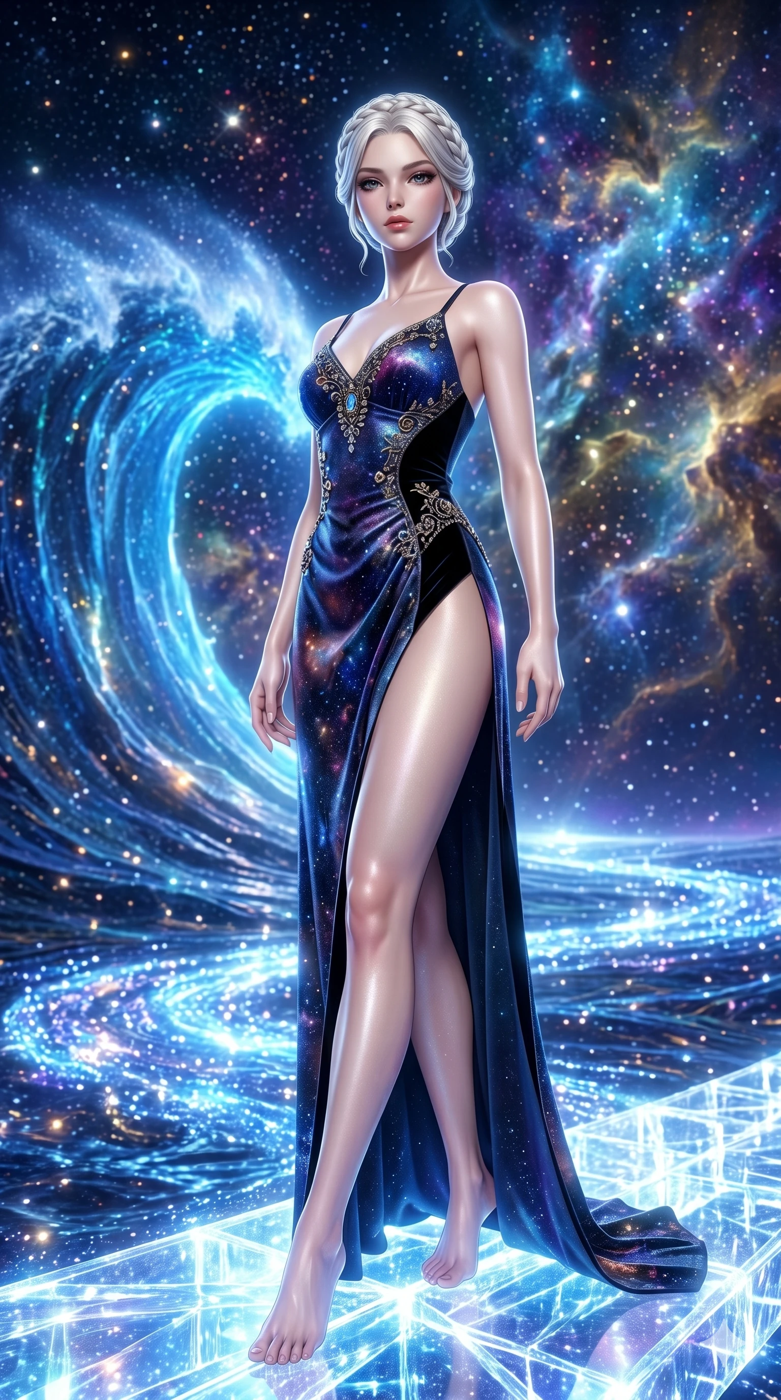 score_9, masterpiece, best quality, ultra-detailed, Set A: Photorealistic 8k CG, Japanese woman. Low angle cowboy shot filling the entire 9:16 frame with her statuesque presence. Standing on a bridge of light over a river of liquid starlight in a cosmic dimension. She has an absolutely perfect 8-heads proportion, an exceptionally tall and slender female figure with impossibly long slender legs and an ultra-slim waist. Sharp v-shaped jawline, high-bridge nose, intricate jewel-like eyes with depth, thick eyelashes, glossy lips. Wearing a High-Fashion Editorial outfit: slip dress with a dangerously high side slit and velvet detail. Background is a bright and colorful starry sea with a glowing blue wave and nebula sky. 2k, ultra detail, master piece, 9:16 ratio